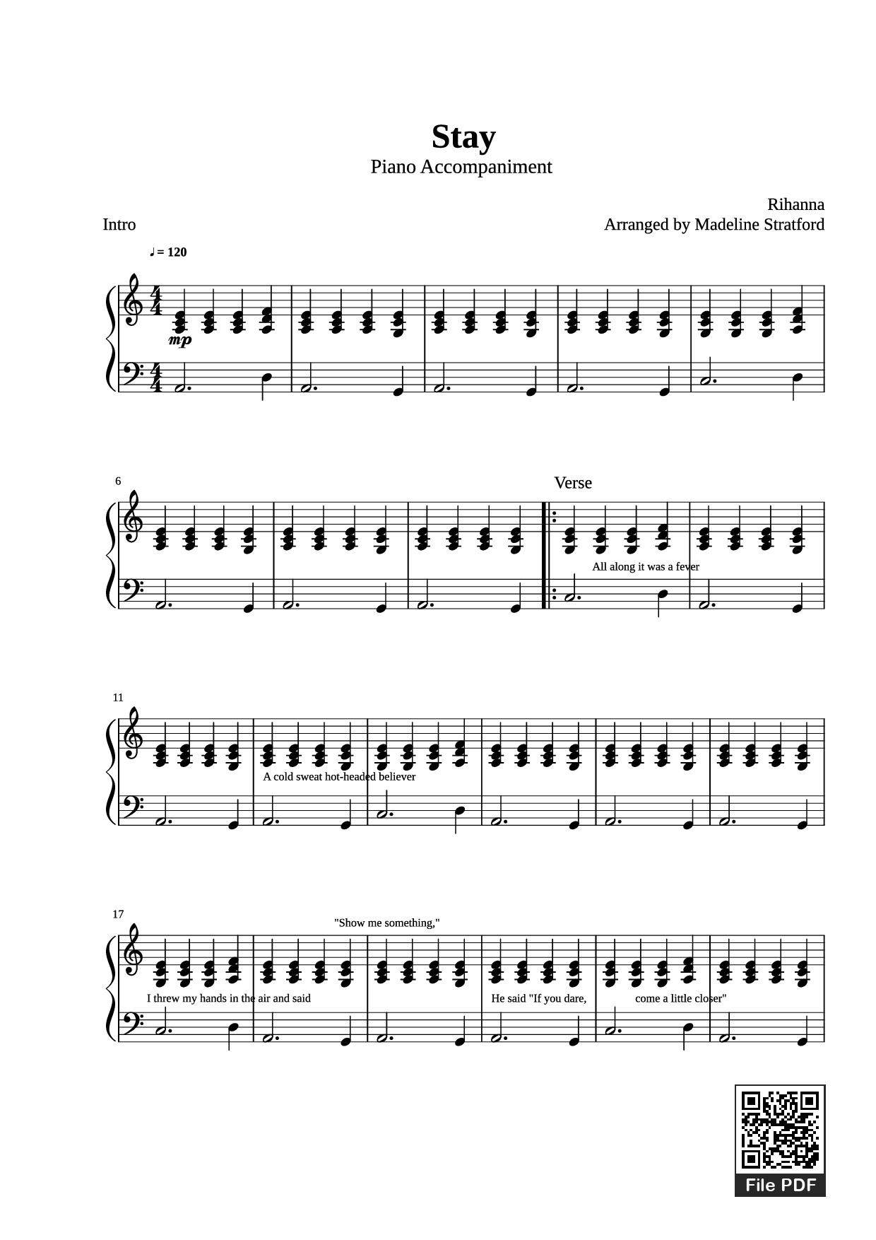 Sheet nhạc PDF bài Stay Piano - Rihanna Arranged By Madeline Stratford