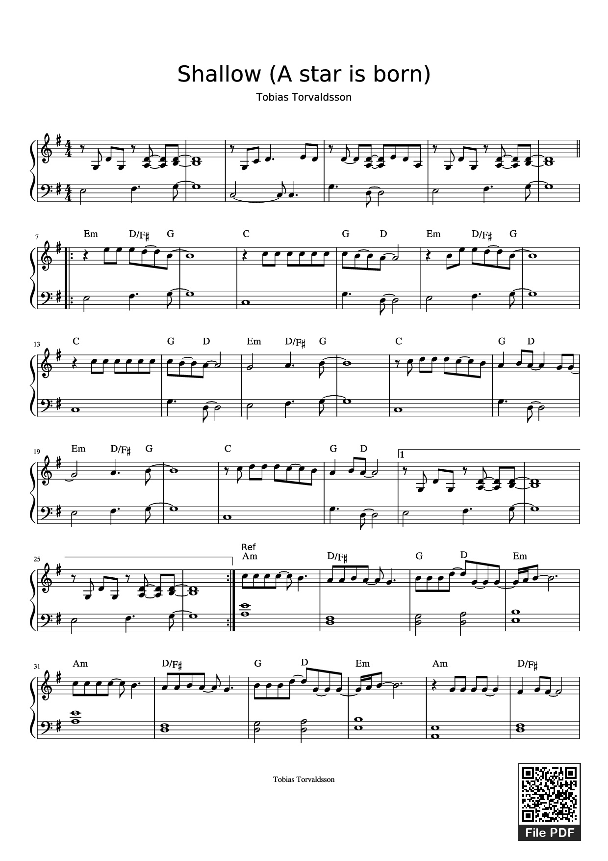 Trang 1 của Sheet nhạc PDF Piano bài hát Shallow (A star is born) Piano - Lady Gaga, Bradley Cooper