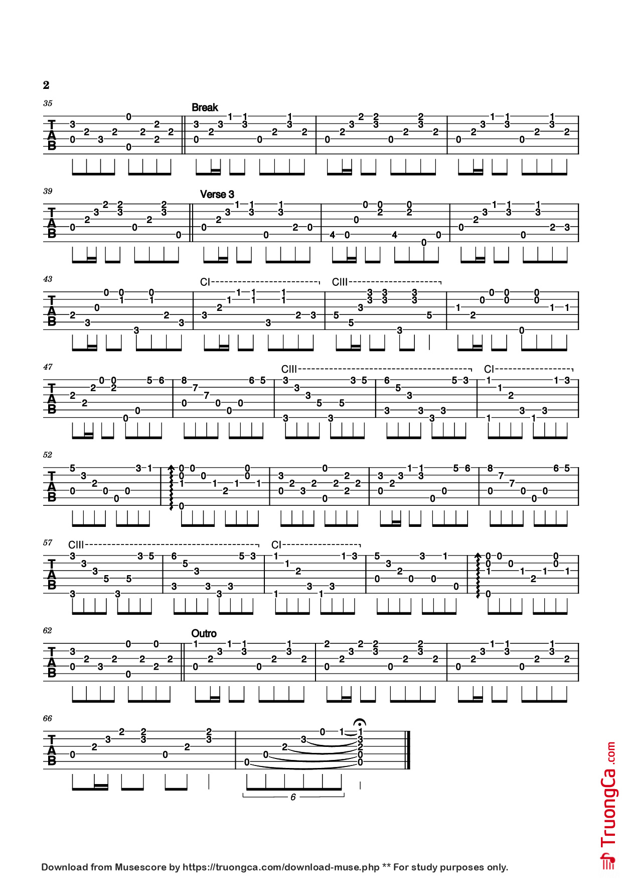 Trang 2 của Sheet nhạc PDF Guitar Tab bài hát The Green Leaves of Summer Guitar TAB - Dimitri Tiomkin