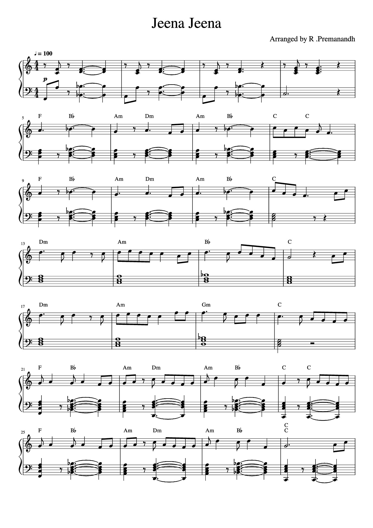 Trang 1 của Sheet nhạc PDF Piano bài hát Jeena Jeena Piano - Arranged by R .Premanandh