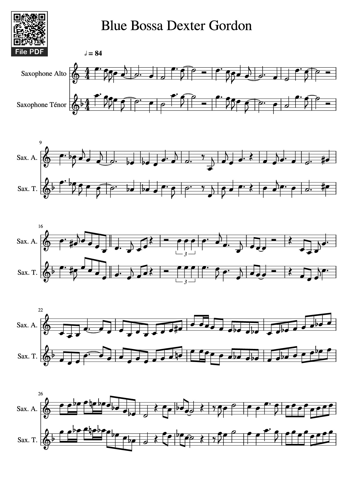 Sheet nhạc PDF bài Blue Bossa Dexter Gordon