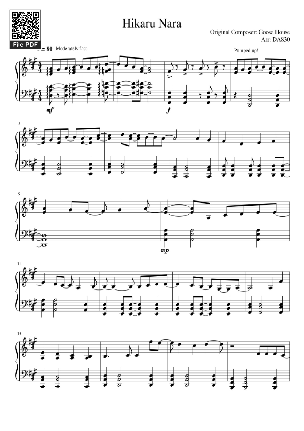 Trang 1 của Sheet nhạc PDF Piano bài hát Hikaru Nara Piano - Original Composer: Goose House Arr: DA830