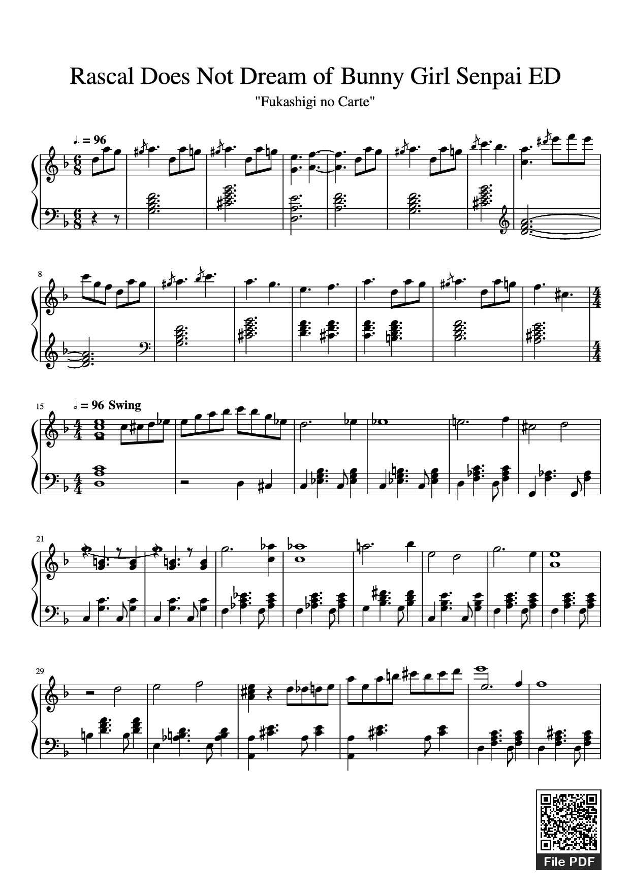 Sheet nhạc PDF bài Rascal Does Not Dream of Bunny Girl Senpai ED Piano