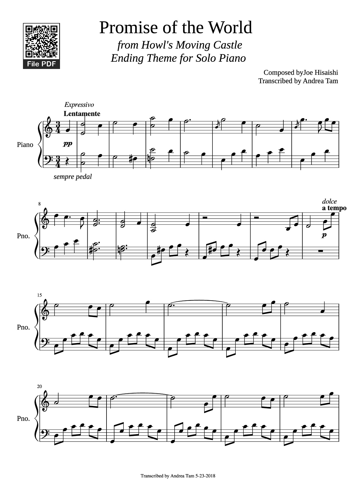 Trang 1 của Sheet nhạc PDF Piano bài hát Promise of the World Piano - Composed byJoe Hisaishi Transcribed by Andrea Tam