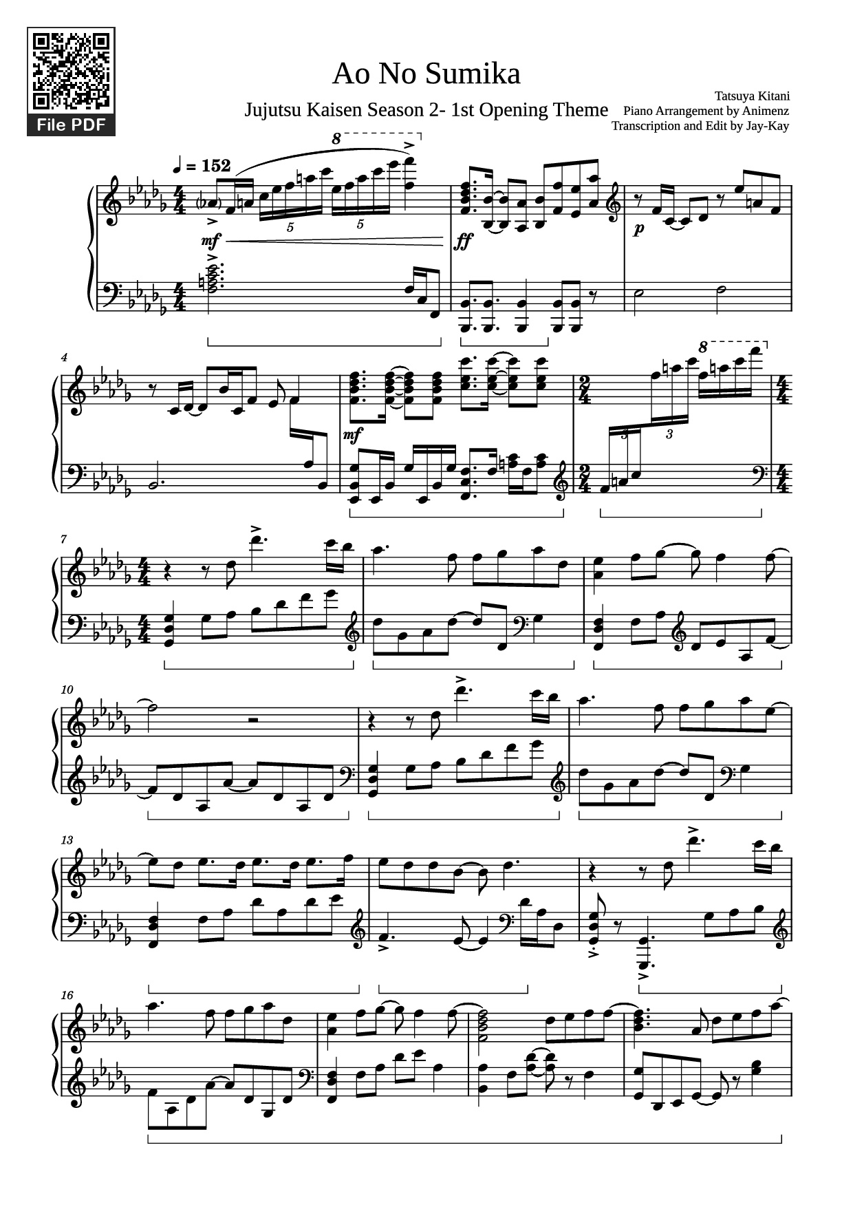 Trang 1 của Sheet nhạc PDF Piano bài hát Ao No Sumika Piano - Tatsuya Kitani