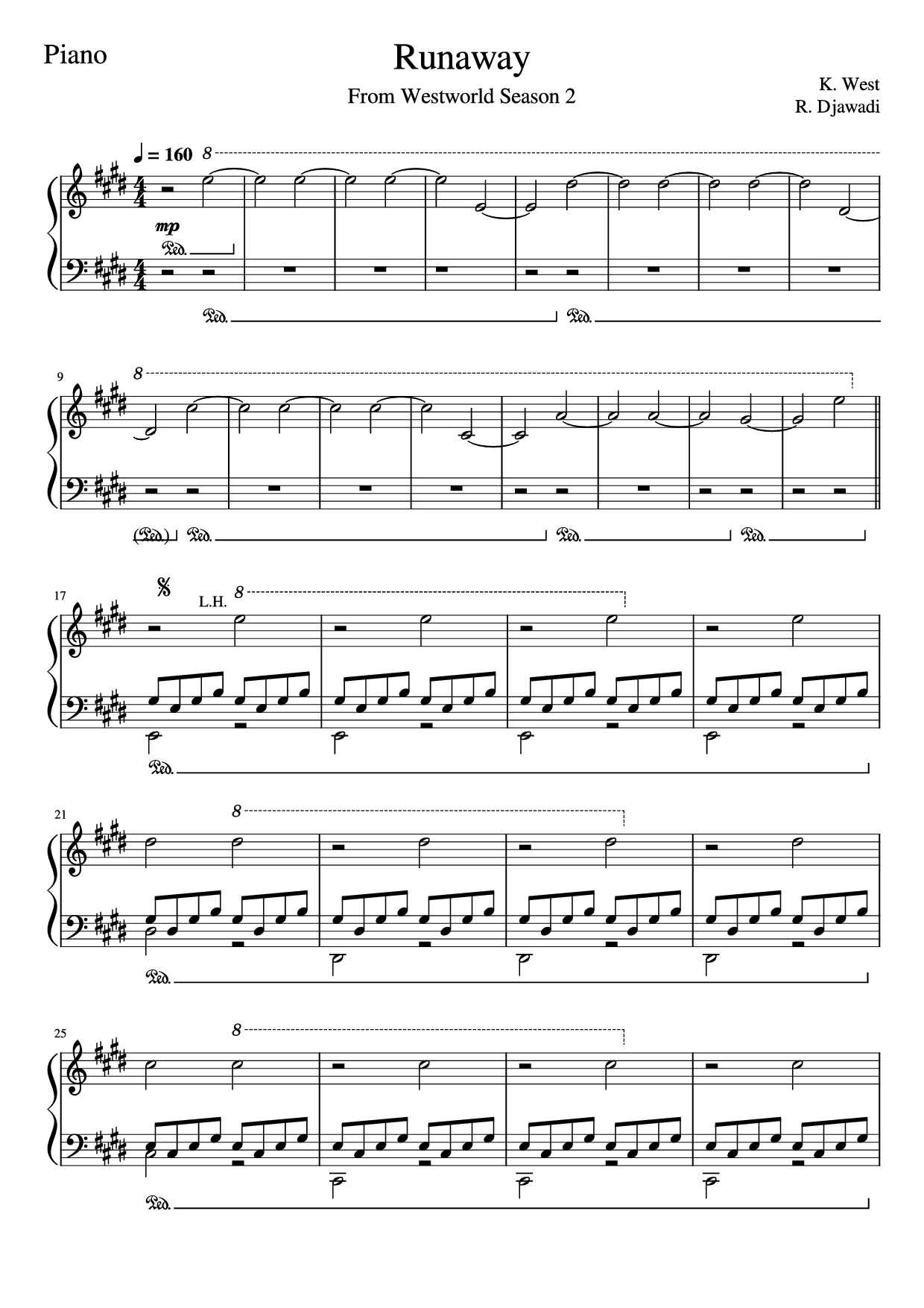 Trang 1 của Sheet nhạc PDF Piano bài hát Runaway Piano - K. West