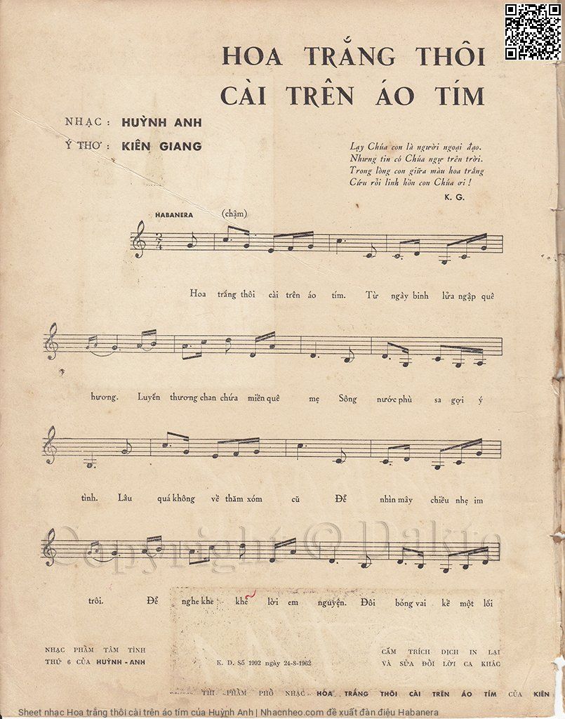 Trang 2 của Sheet nhạc PDF bài hát Hoa trắng thôi cài trên áo tím - Huỳnh Anh, 1. Hoa  trắng thôi  cài trên áo  tím. Từ ngày binh  lửa ngập quê  hương Luyến  thương chan chứa miền quê  mẹ