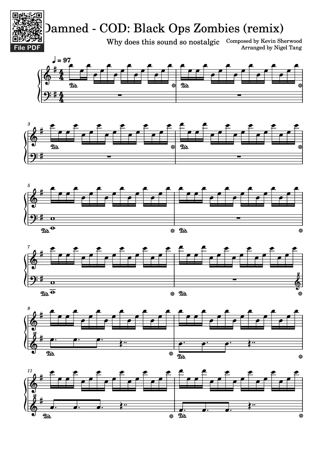 Trang 1 của Sheet nhạc PDF Piano bài hát Damned - COD: Black Ops Zombies (remix) Piano - Composed by Kevin Sherwood