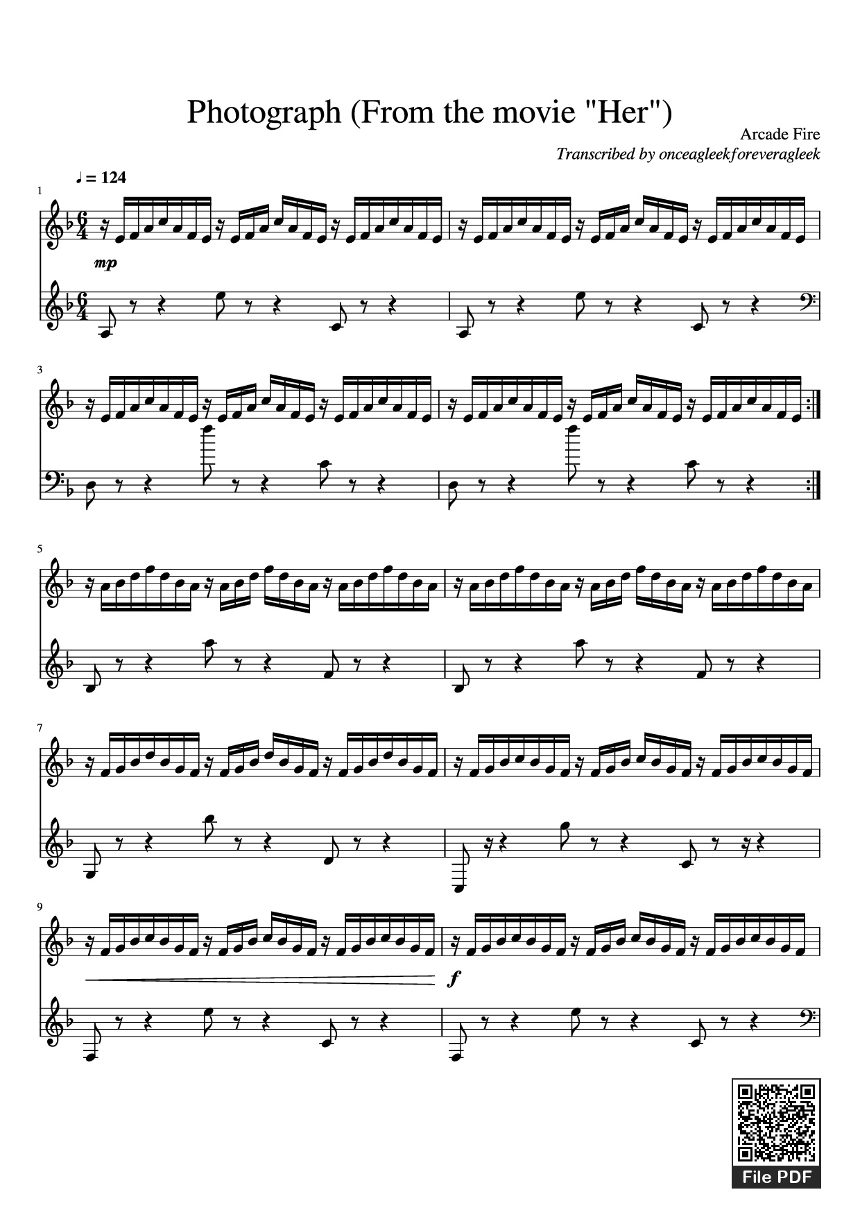 Trang 1 của Sheet nhạc PDF Piano bài hát Photograph (From the movie Her) Piano - Arcade Fire Transcribed by onceagleekforeveragleek