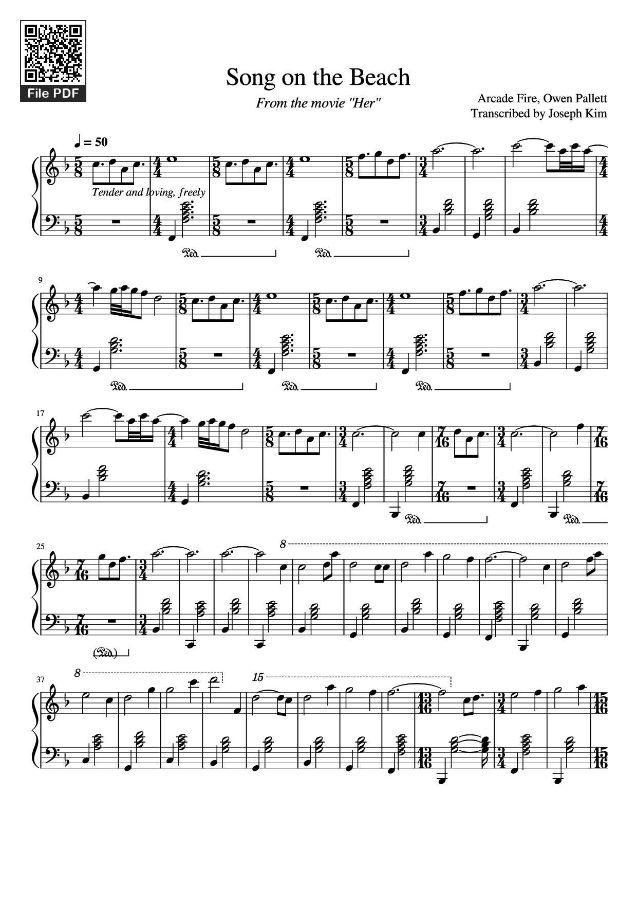 Trang 1 của Sheet nhạc PDF Piano bài hát Song on the Beach Piano - Arcade Fire, Owen Pallett