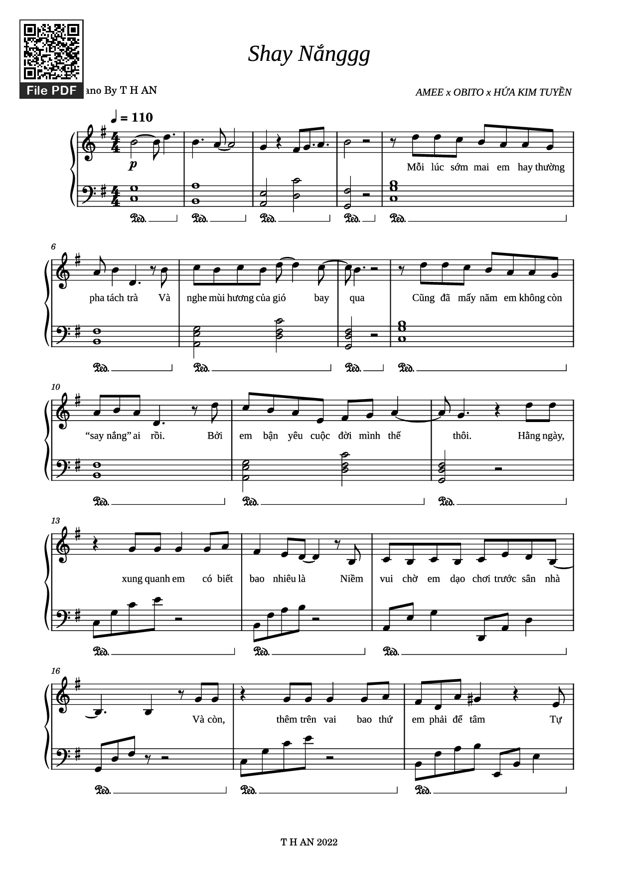 Trang 1 của Sheet nhạc PDF Piano bài hát Shay Nắnggg Piano - AMEE x OBITO x HỨA KIM TUYỀN