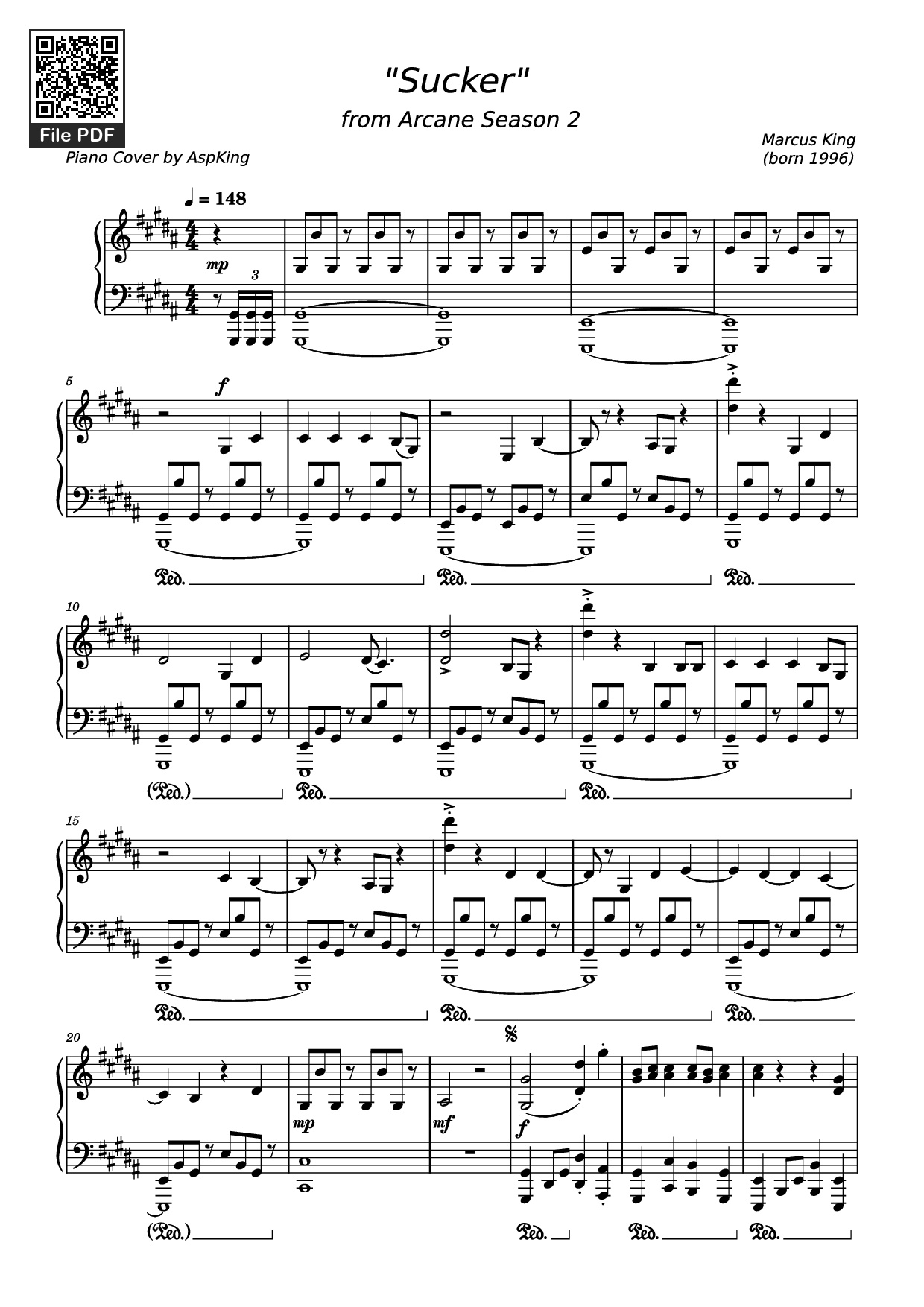 Trang 1 của Sheet nhạc PDF Piano bài hát Sucker Piano - Marcus King