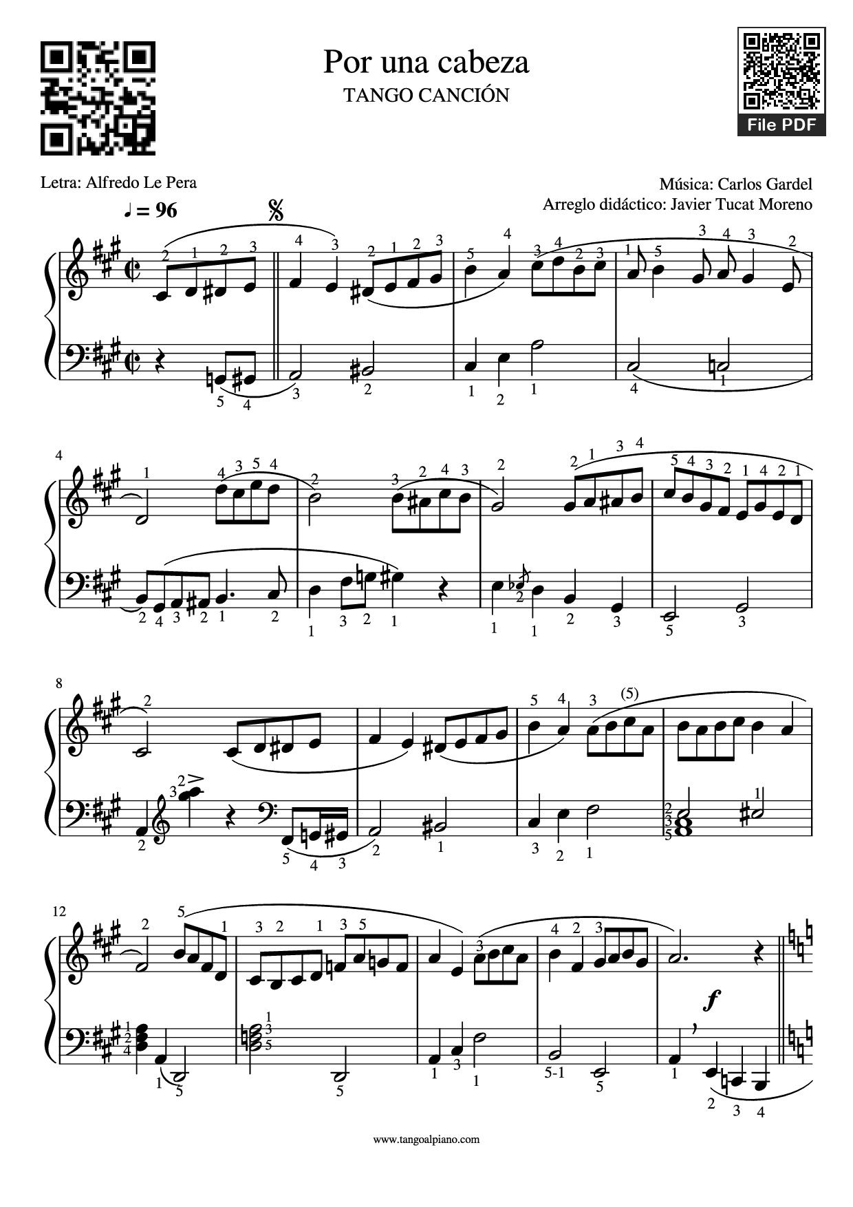 Sheet nhạc PDF bài Por una cabeza Piano