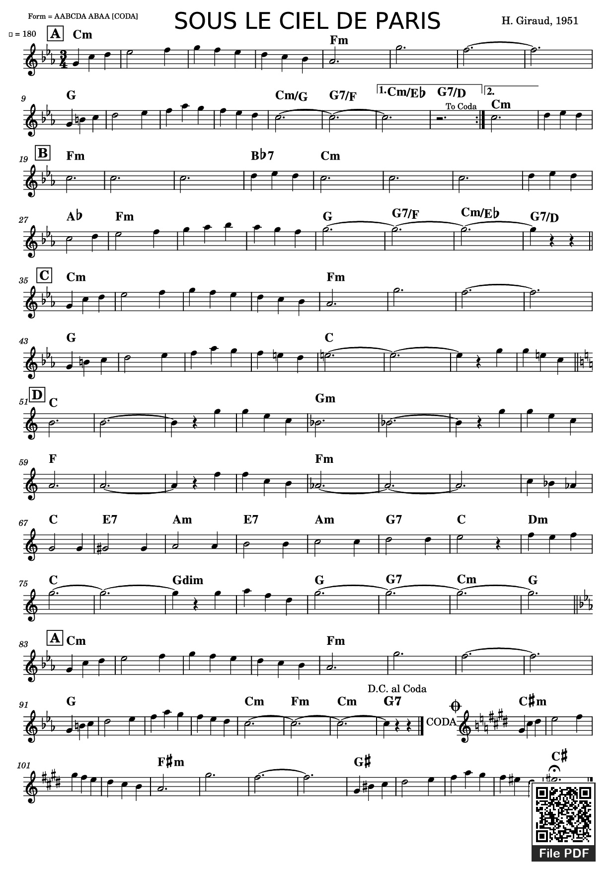 Trang 1 của Sheet nhạc PDF bài hát SOUS LE CIEL DE PARIS - = 180