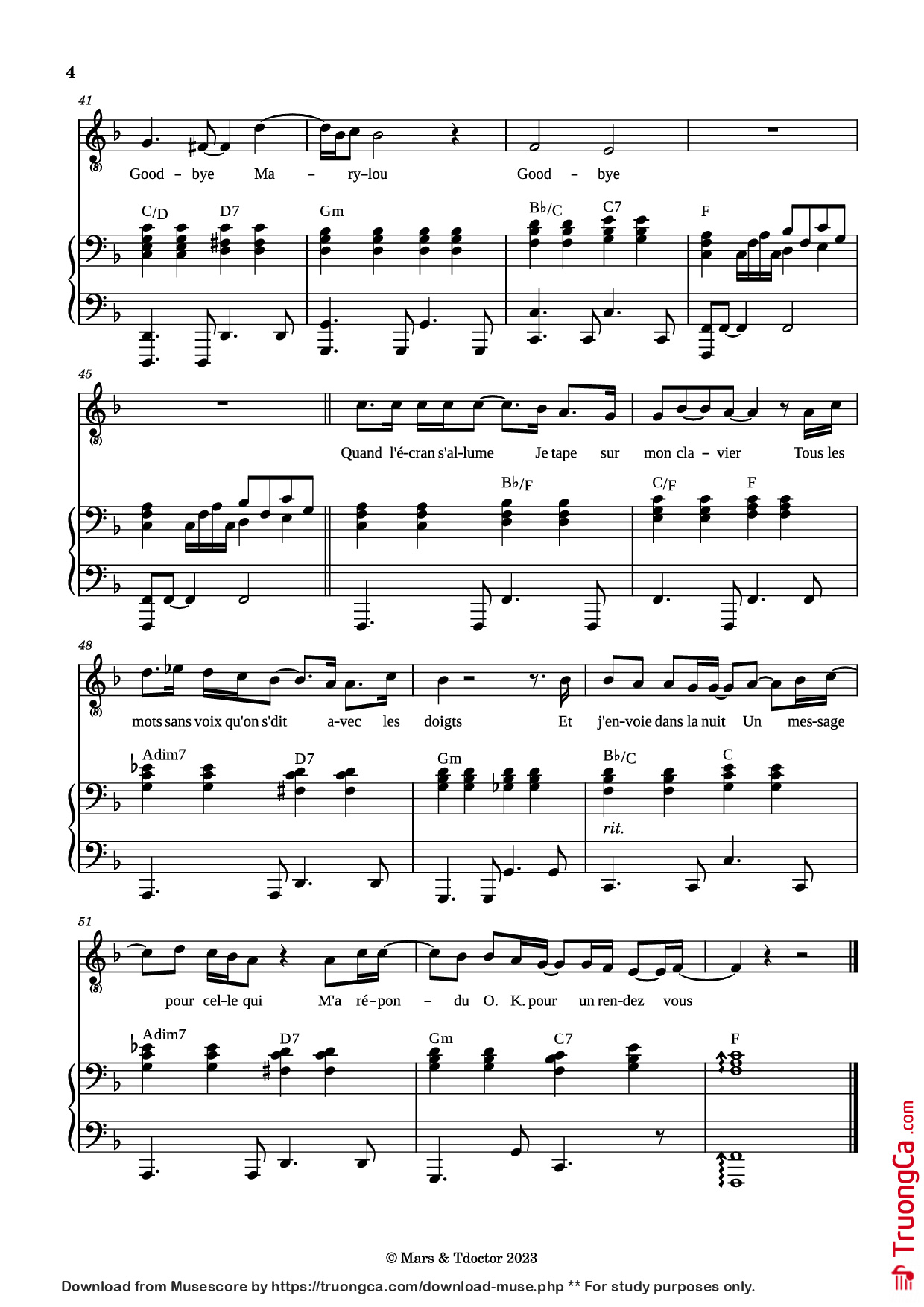 Trang 4 của Sheet nhạc PDF Piano bài hát Goodbye Marylou Piano - Paroles & Musique de Michel POLNAREFF