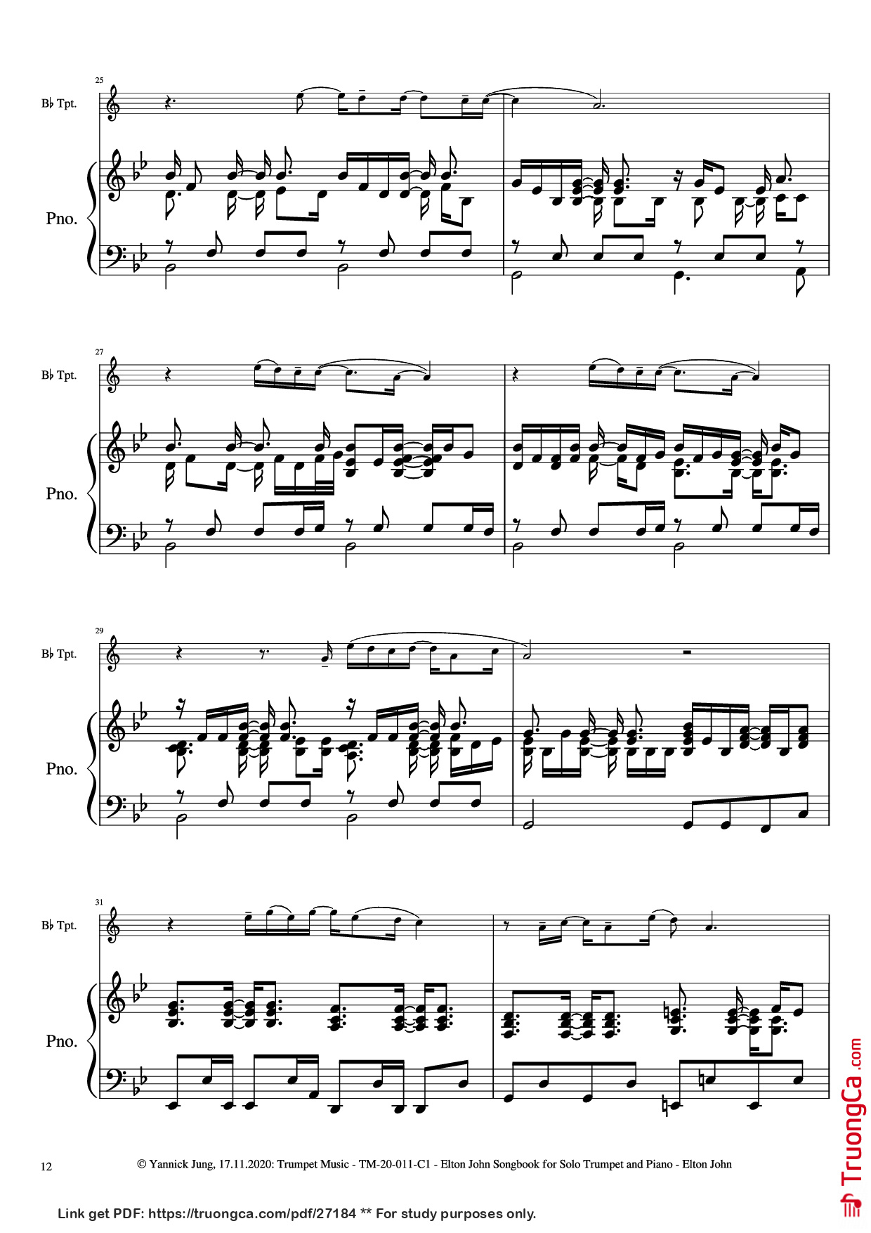 Trang 13 của Sheet nhạc PDF Piano bài hát Elton John Songbook for Solo Trumpet and Piano - Music: Elton JohnArr.: Yannick Jung, 2020