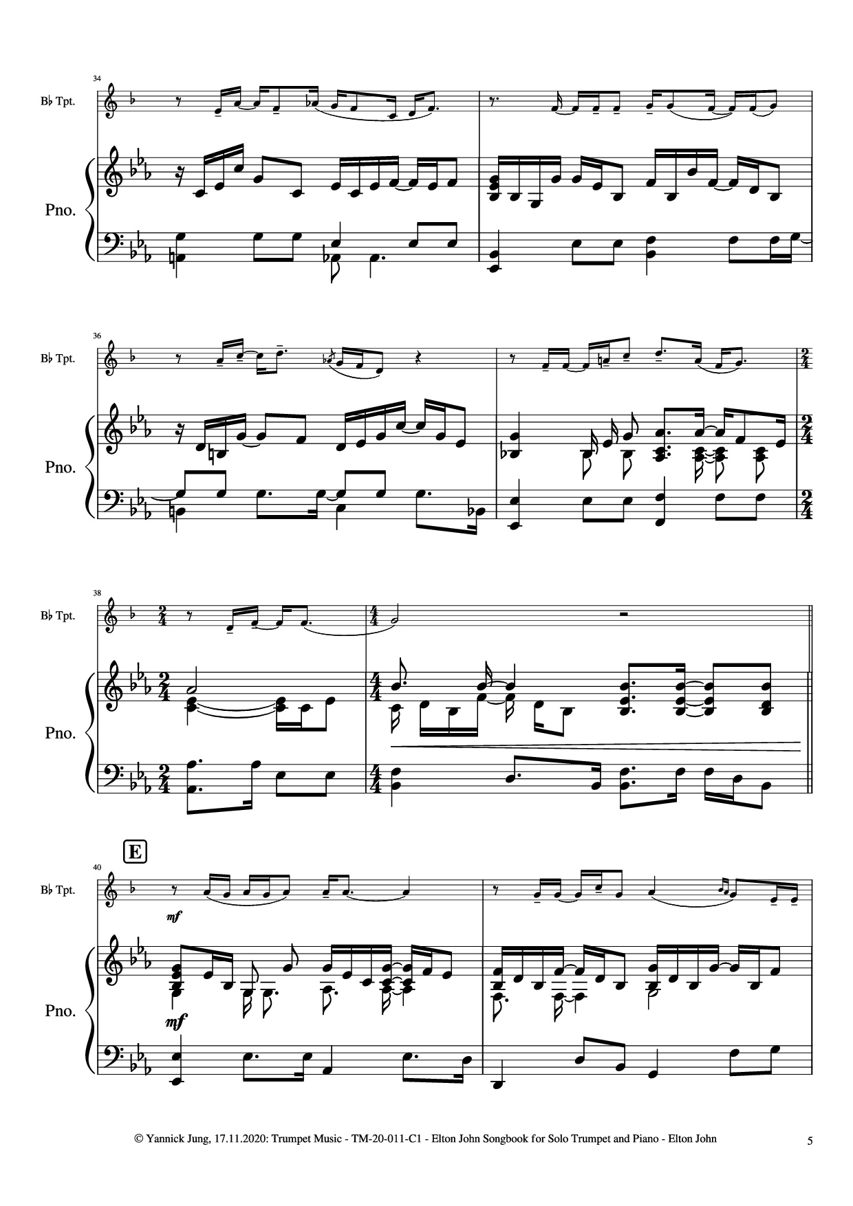 Trang 6 của Sheet nhạc PDF Piano bài hát Elton John Songbook for Solo Trumpet and Piano - Music: Elton JohnArr.: Yannick Jung, 2020