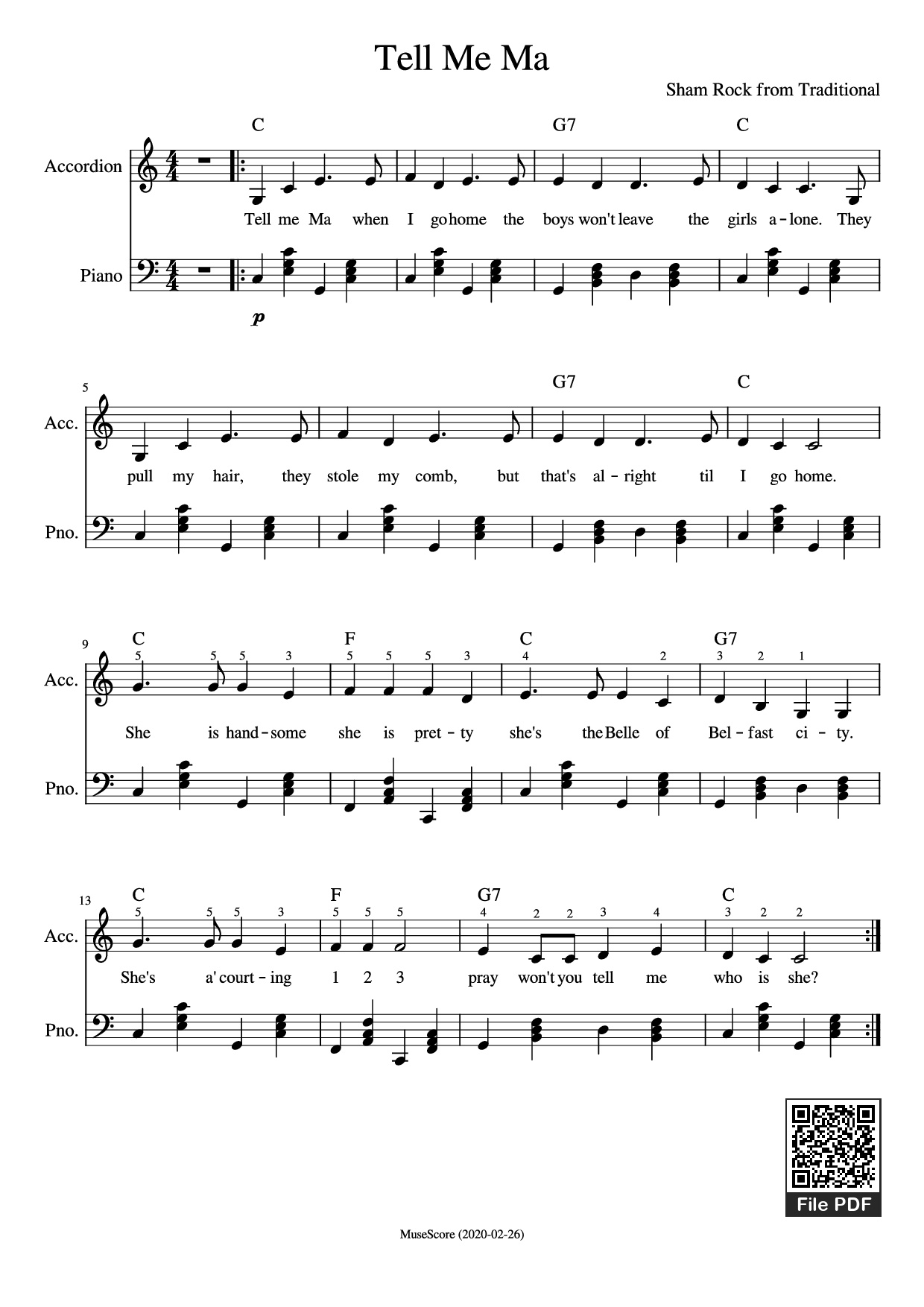 Trang 1 của Sheet nhạc PDF Piano bài hát Tell Me Ma Piano - Sham Rock from Traditional
