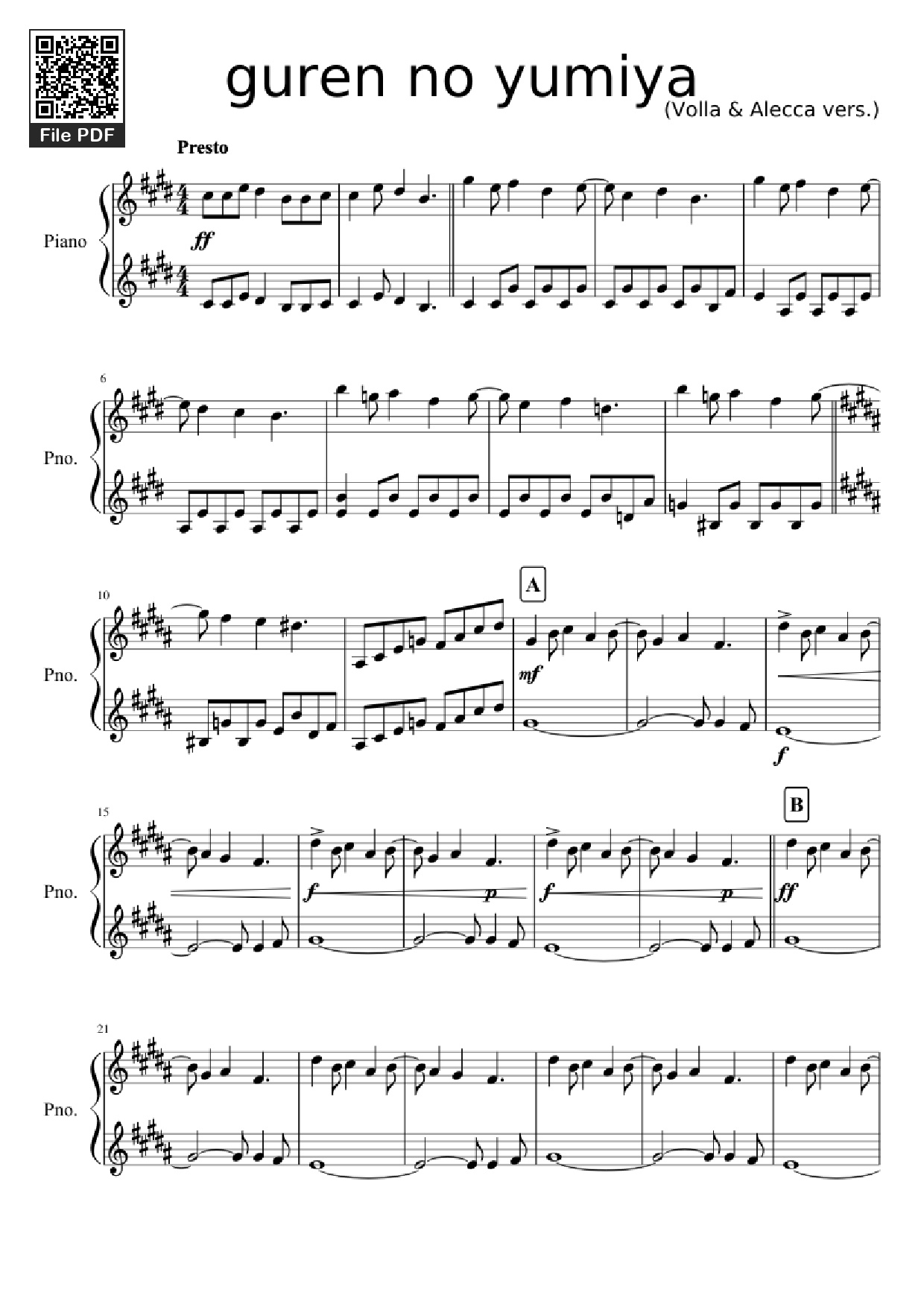 Trang 1 của Sheet nhạc PDF Piano bài hát guren no yumiya Piano - Volla & Alecca vers