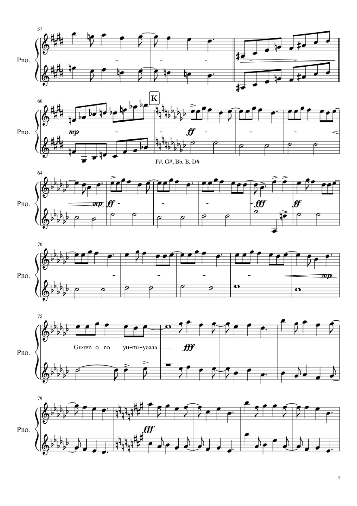Trang 3 của Sheet nhạc PDF Piano bài hát guren no yumiya Piano - Volla & Alecca vers