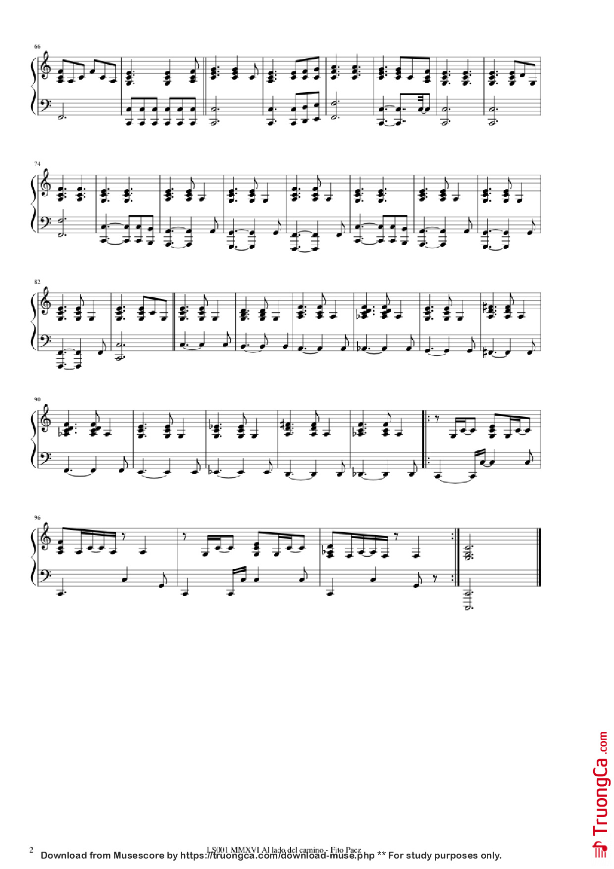 Trang 2 của Sheet nhạc PDF Piano bài hát Al lado del camino Piano - Fito Paez