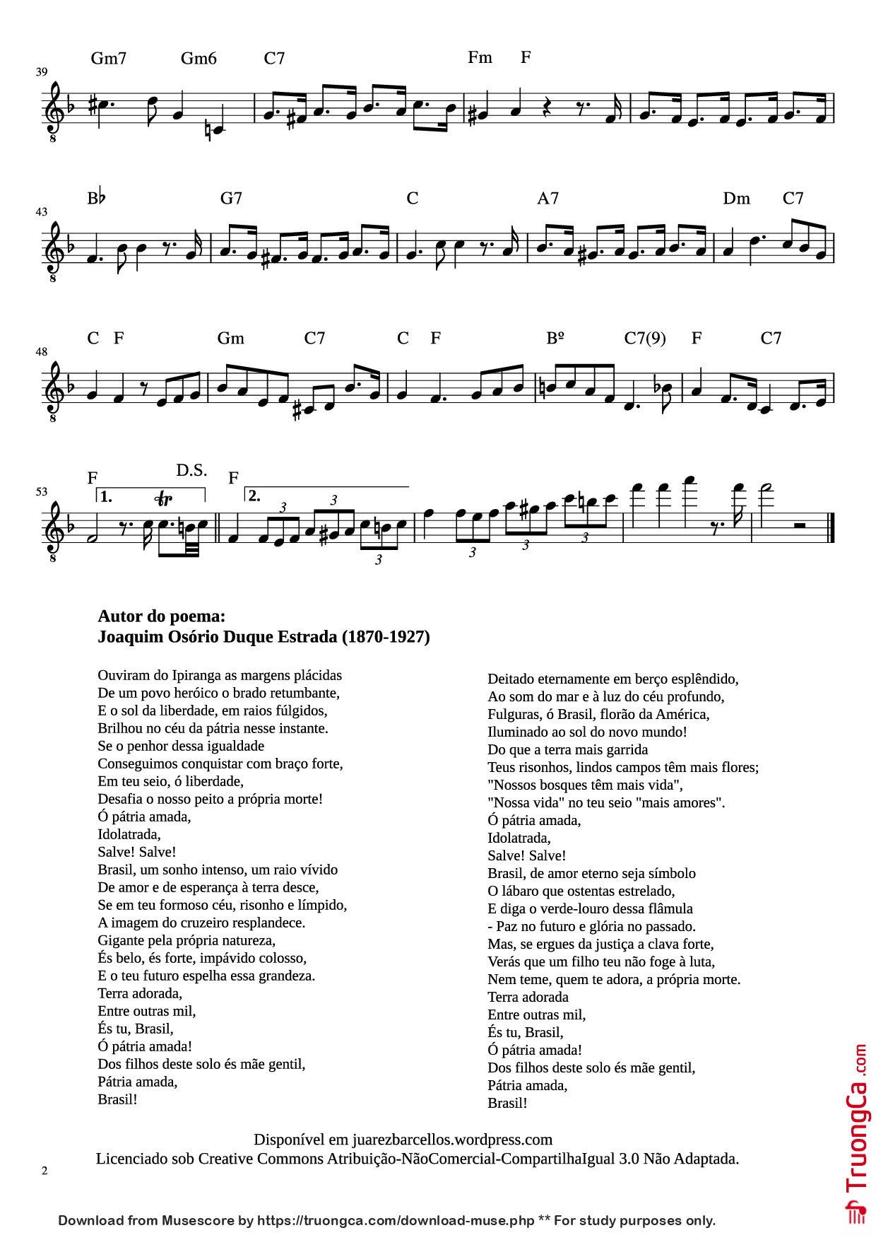 Trang 2 của Sheet nhạc PDF Guitar Tab bài hát Hino Nacional Brasileiro Guitar TAB - Música: Francisco Manuel da Silva (1795-1865