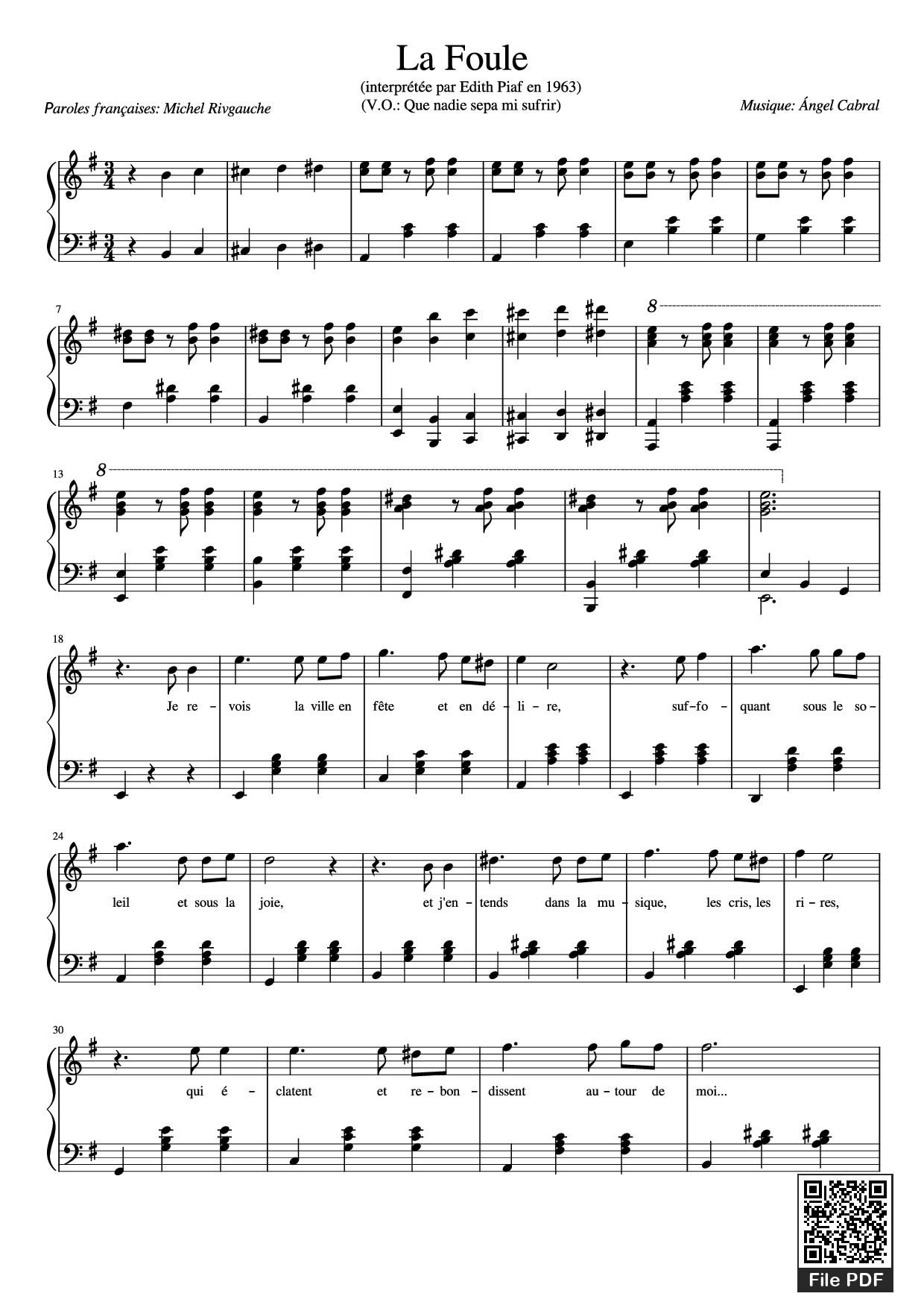 Trang 1 của Sheet nhạc PDF Piano bài hát La Foule Piano - Musique: Ángel Cabral