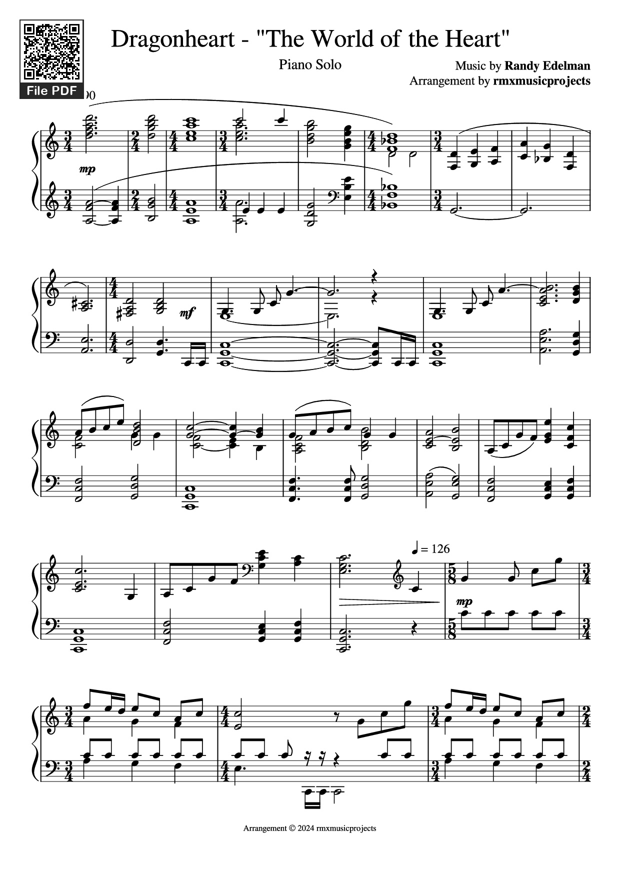 Trang 1 của Sheet nhạc PDF Piano bài hát Dragonheart - The World of the Heart Piano - Music by Randy Edelman