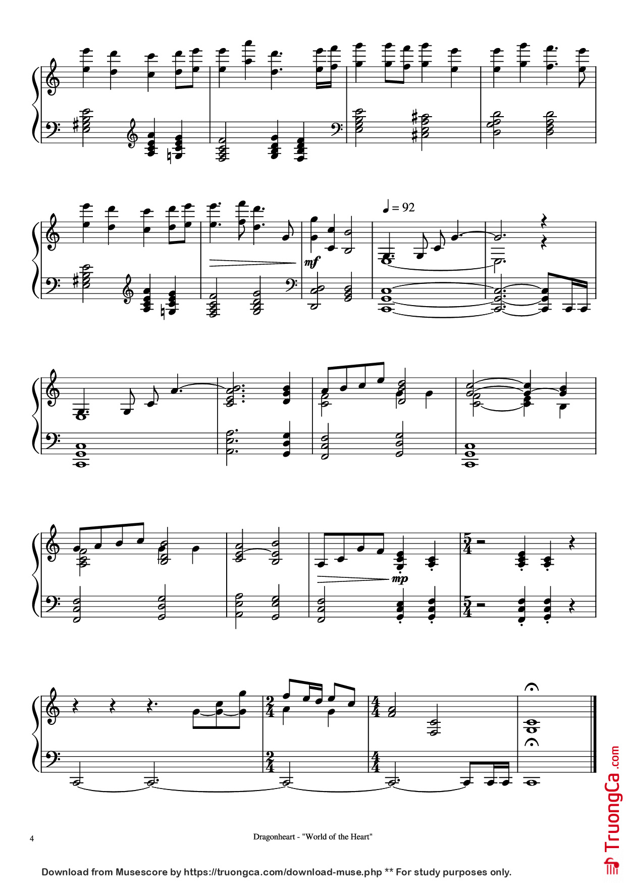 Trang 4 của Sheet nhạc PDF Piano bài hát Dragonheart - The World of the Heart Piano - Music by Randy Edelman
