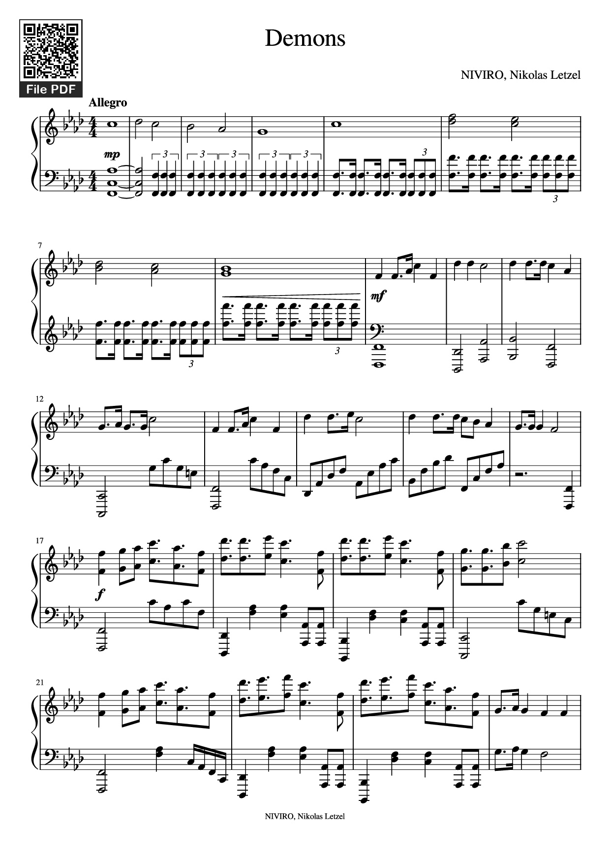 Trang 1 của Sheet nhạc PDF Piano bài hát Demons Piano - NIVIRO, Nikolas Letzel