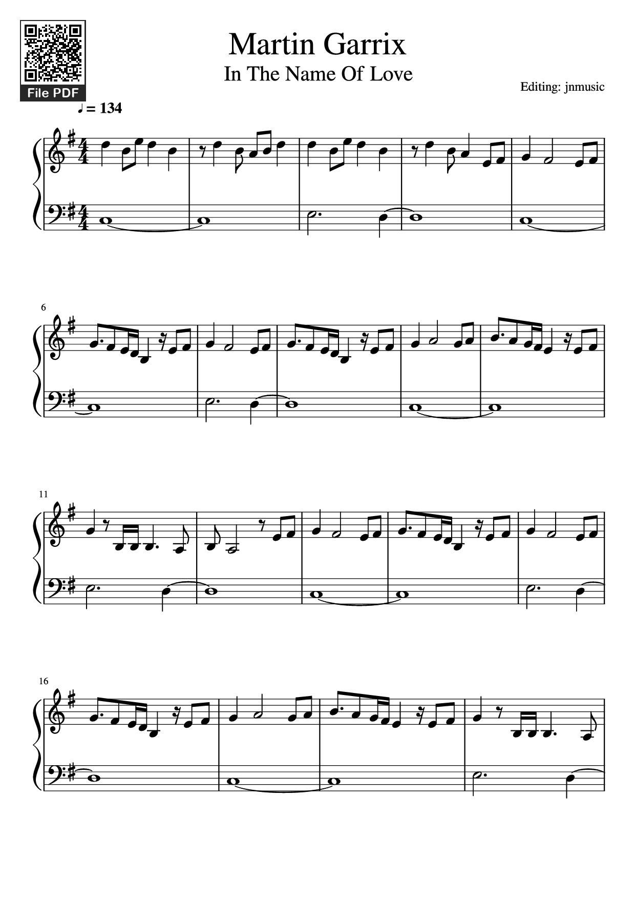 Trang 1 của Sheet nhạc PDF Piano bài hát Martin Garrix Piano - Editing: jnmusic