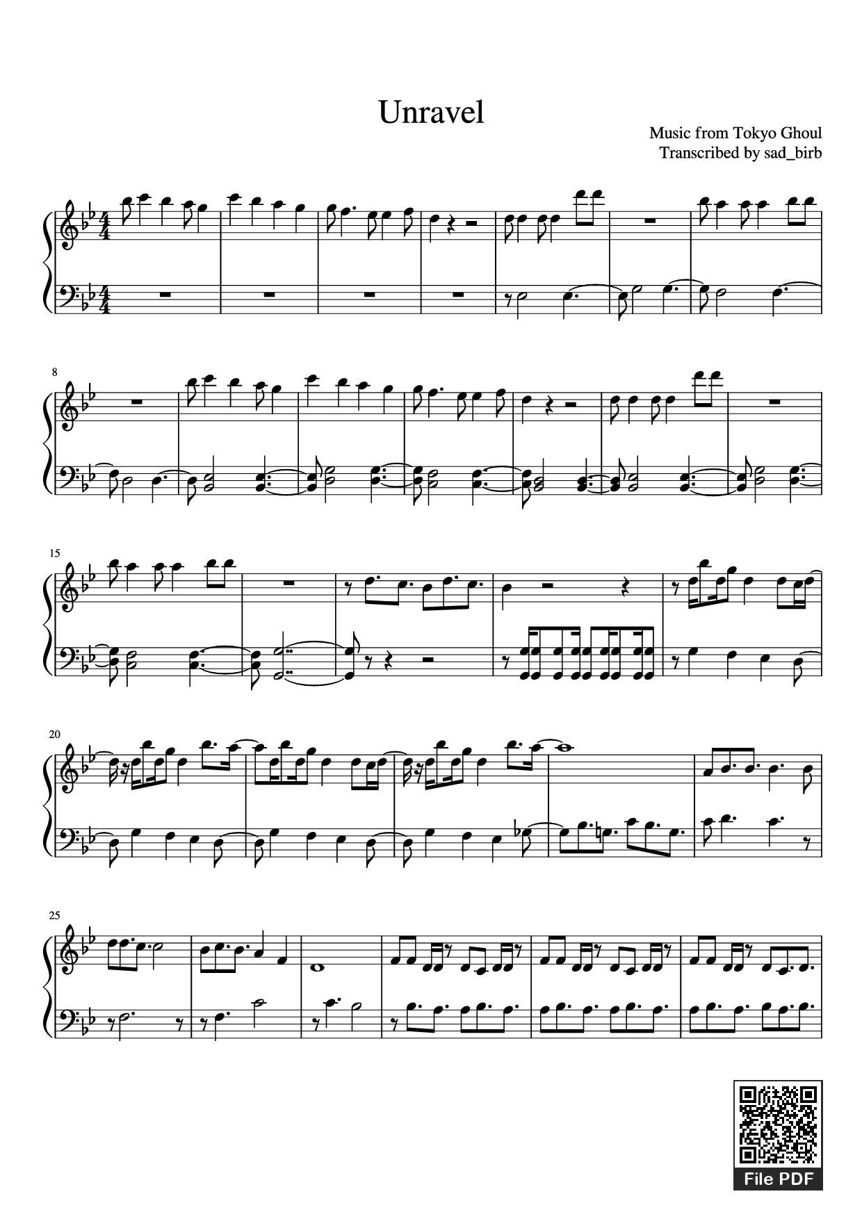 Trang 1 của Sheet nhạc PDF Piano bài hát Unravel Piano - Music from Tokyo Ghoul Transcribed by sad_birb