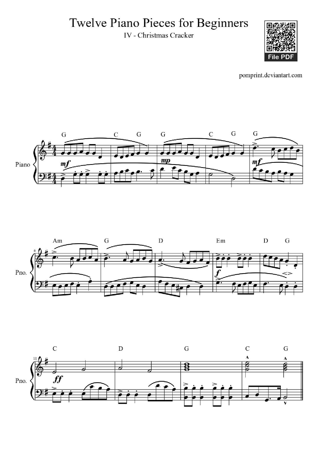 Trang 1 của Sheet nhạc PDF Piano bài hát Twelve Piano Pieces for Beginners - Pomprint.deviantart.com