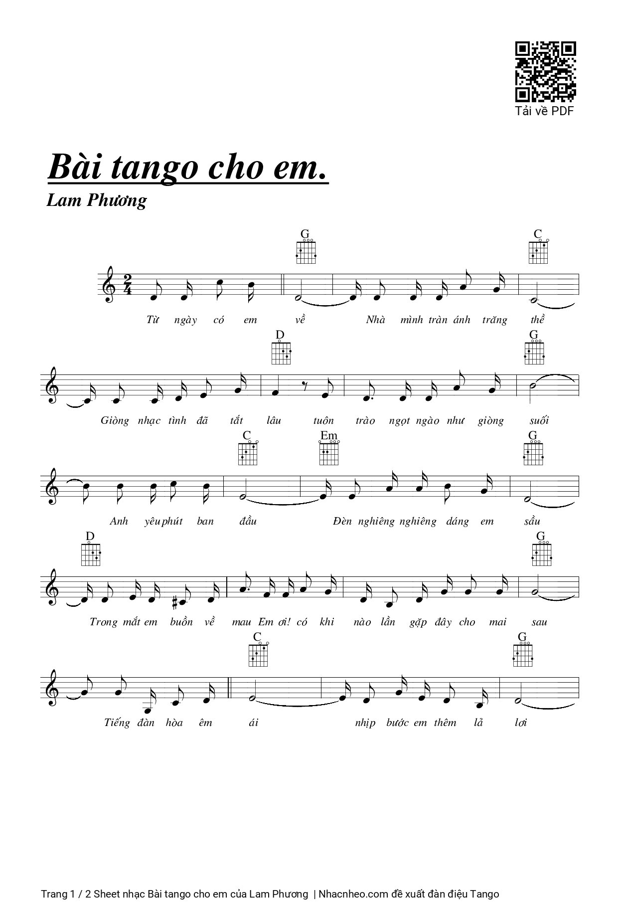 Sheet nhạc Bài tango cho em