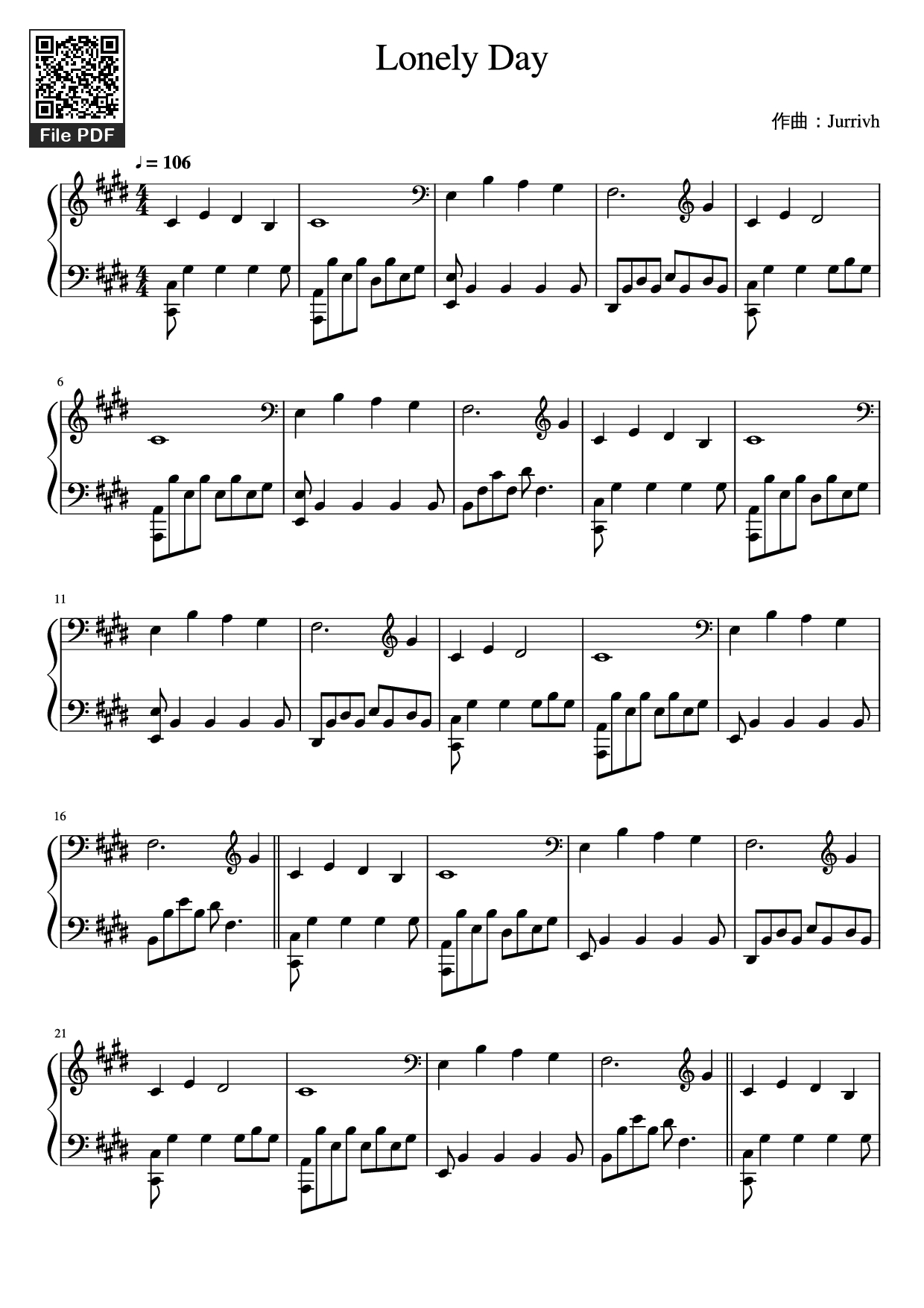 Sheet nhạc PDF bài Lonely Day Piano