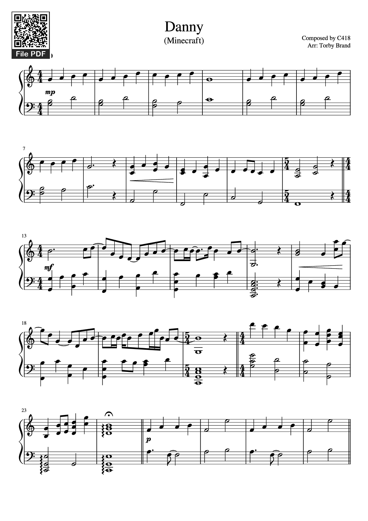 Trang 1 của Sheet nhạc PDF Piano bài hát Danny Piano - Composed by C418