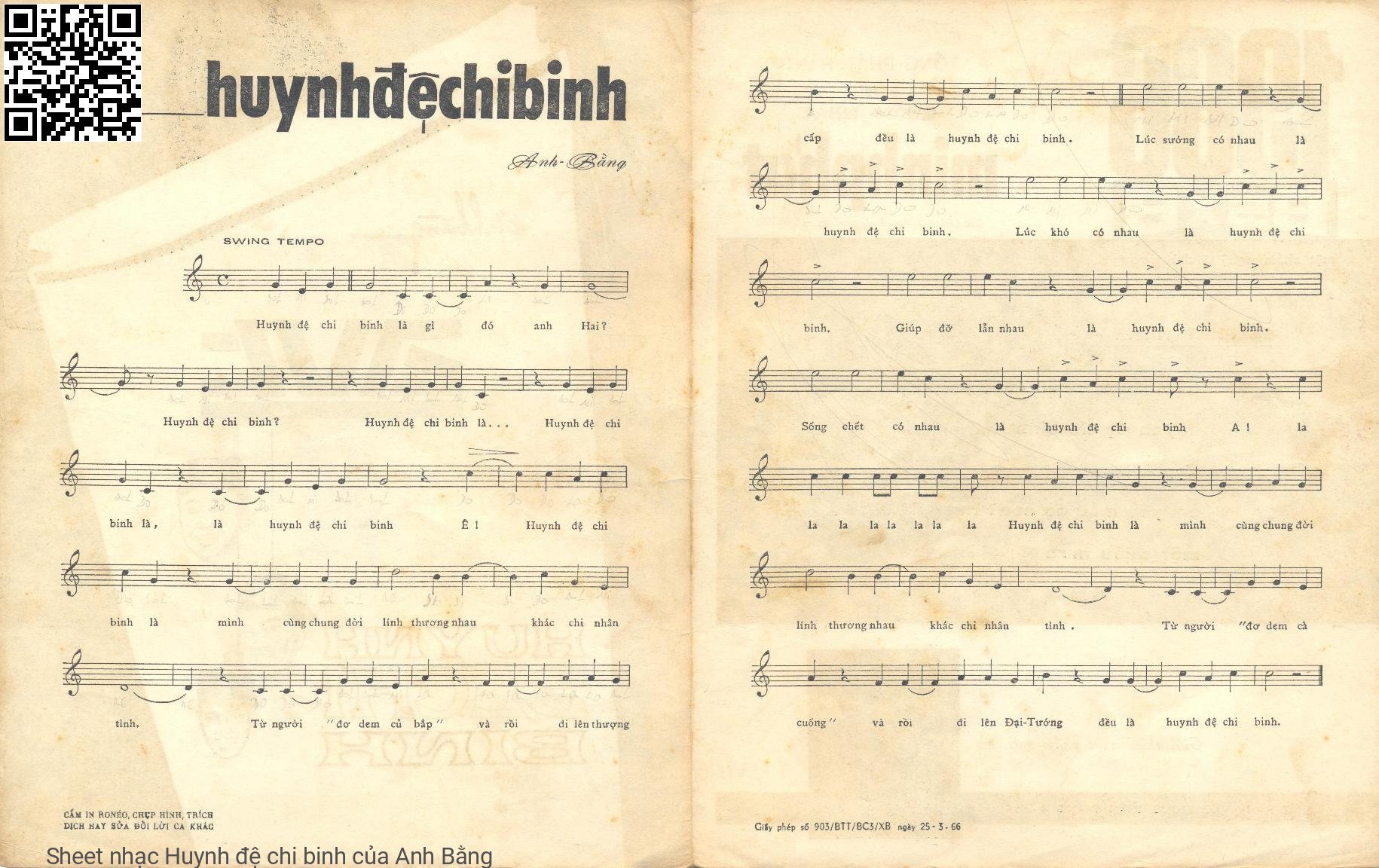 Trang 1 của Sheet nhạc PDF bài hát Huynh đệ chi binh - Anh Bằng, Huynh đệ chi  binh là gì đó anh  Hai?. Huynh đệ chi  binh là là huynh đệ chi binh… a la la