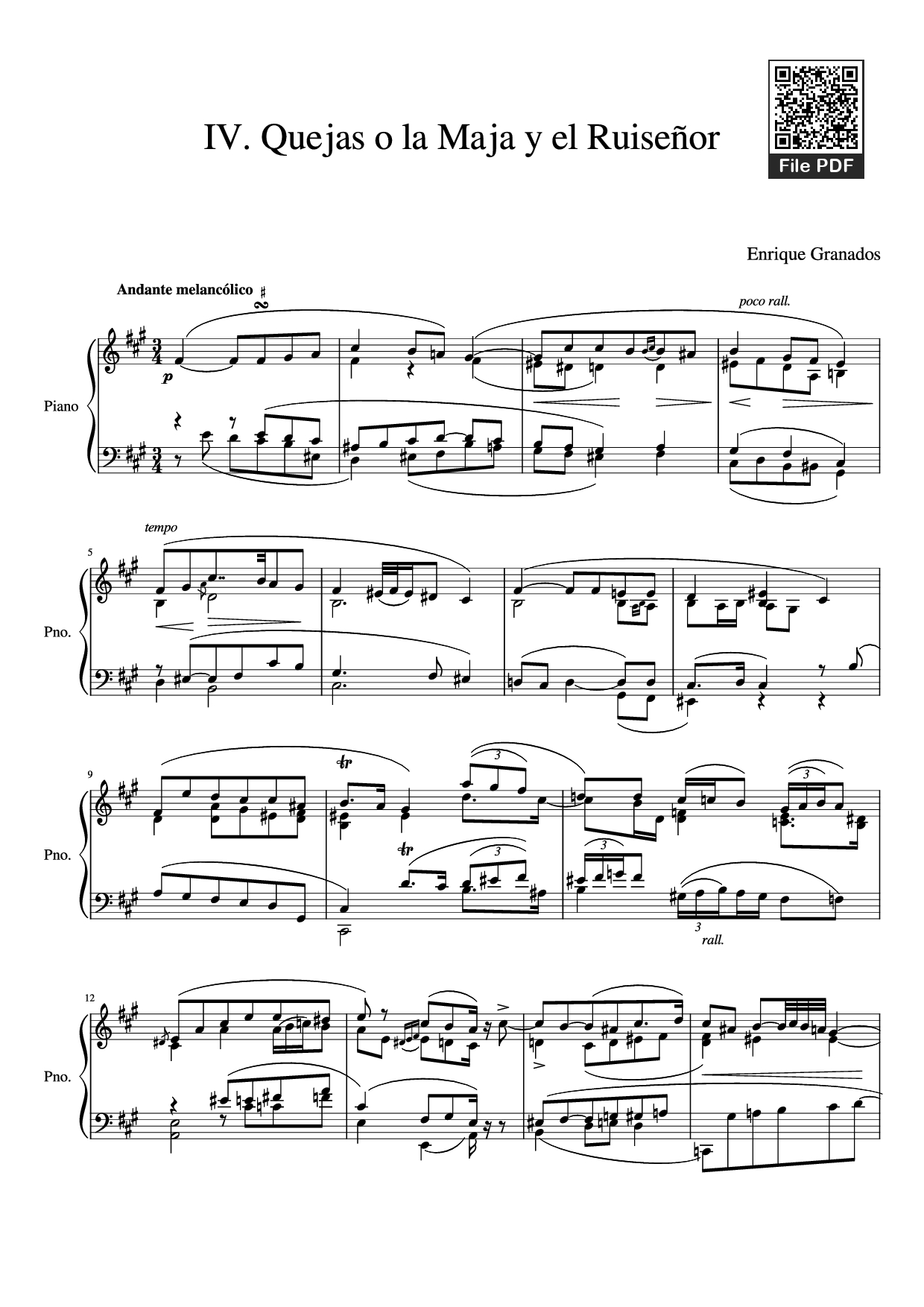 Trang 1 của Sheet nhạc PDF Piano bài hát IV. Quejas o la Maja y el Ruiseñor Piano - Enrique Granados