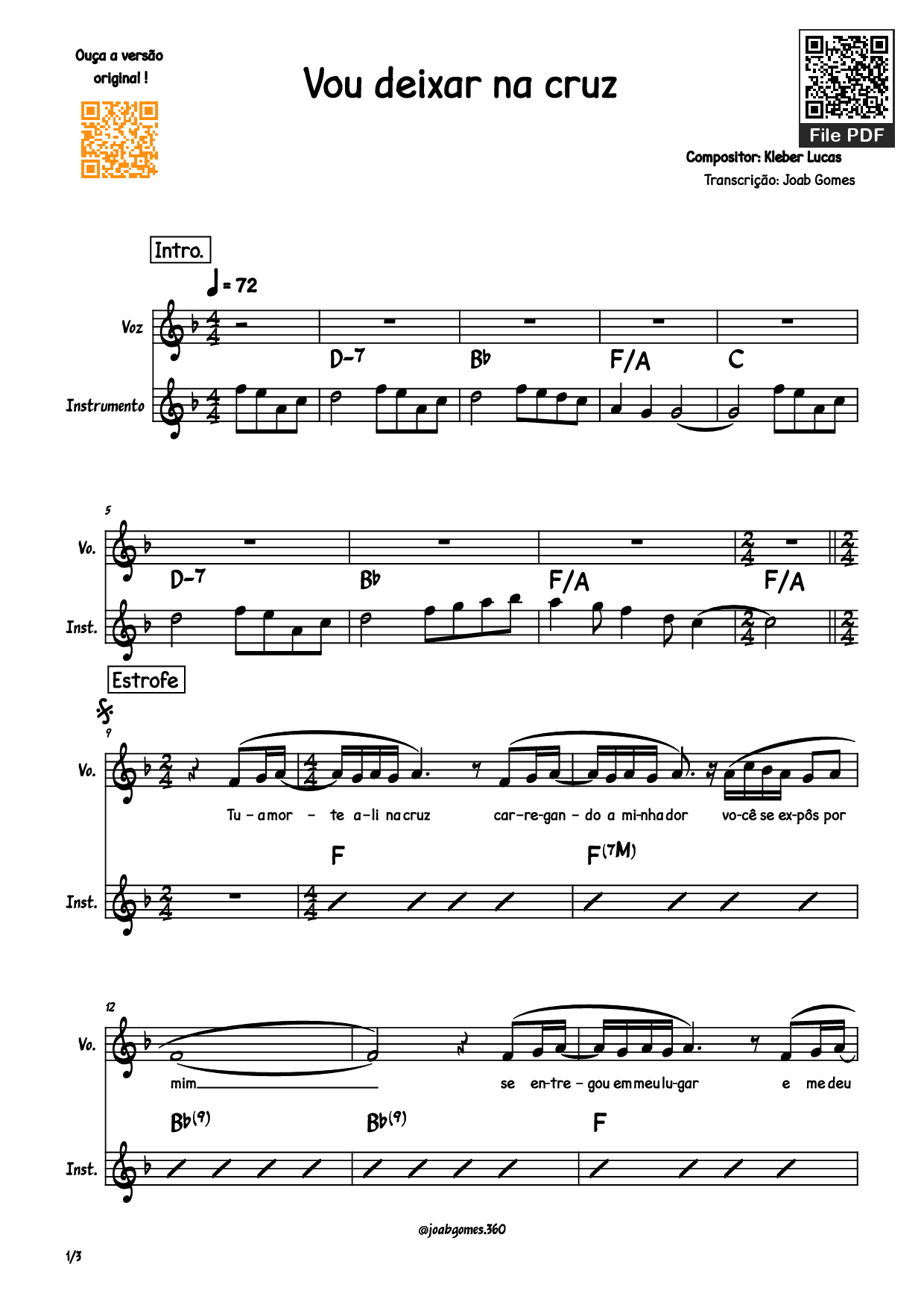 Trang 1 của Sheet nhạc PDF Piano bài hát Vou deixar na cruz Piano - Compositor: Kleber Lucas