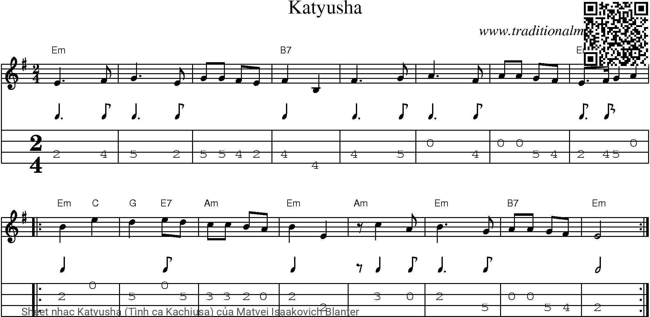 Trang 1 của Sheet nhạc PDF bài hát Katyusha (Tình ca Kachiusa) - Matvei Isaakovich Blanter, Intro:.  Rasvetali yabloni y  grushi