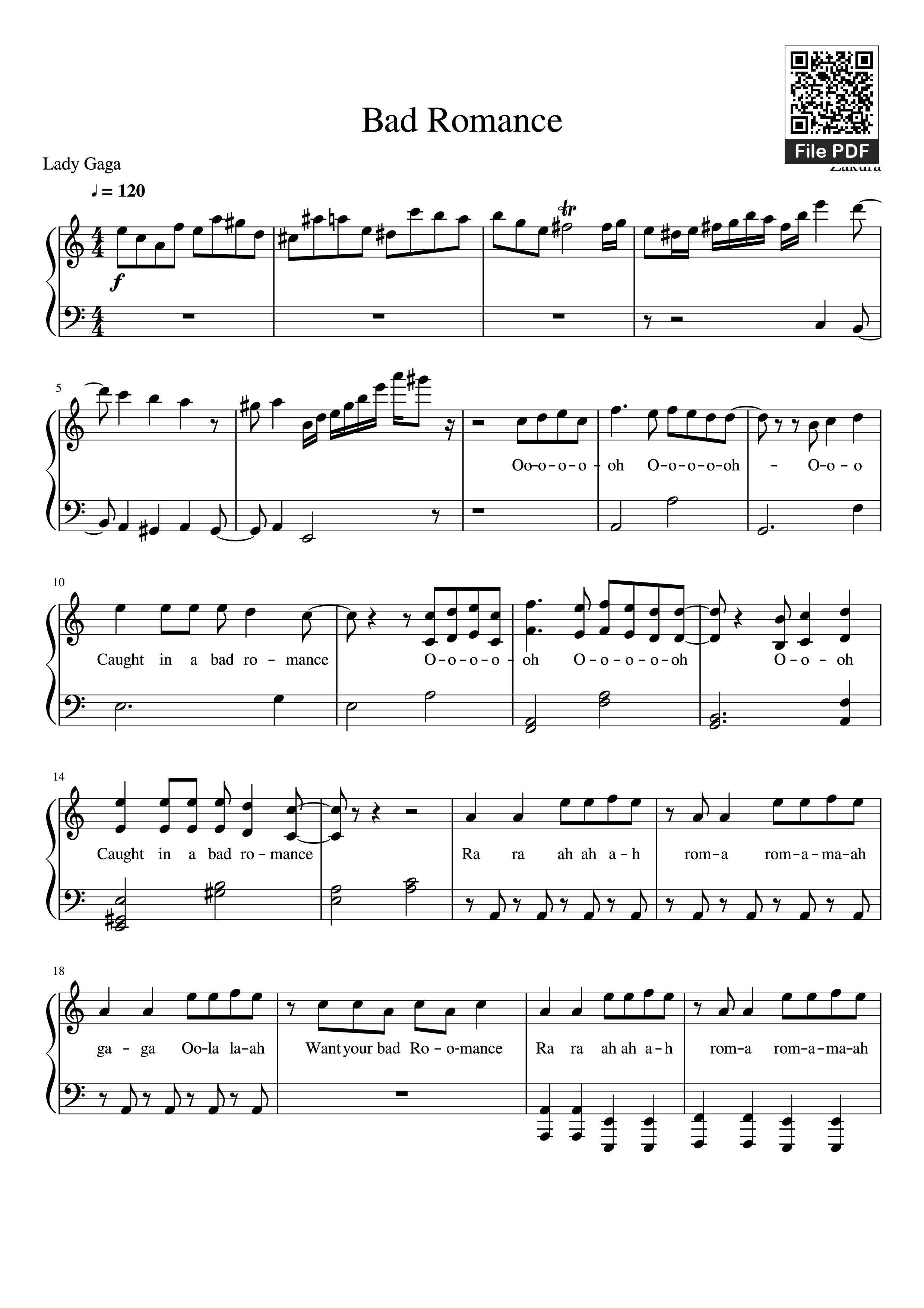 Sheet nhạc PDF bài Bad Romance Piano