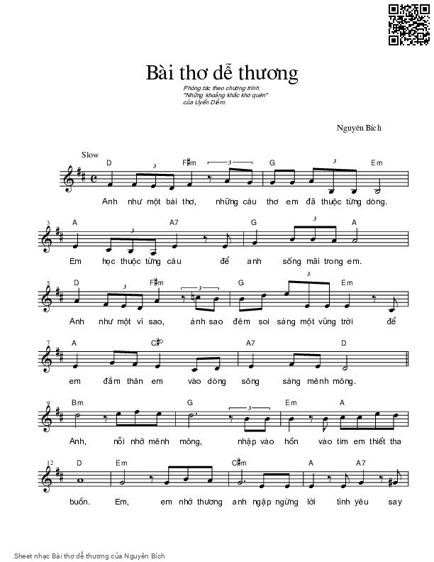 Trang 1 của Sheet nhạc PDF bài hát Bài thơ dễ thương - Nguyên Bích, Phỏng tác theo chương trình “Những khoảng khắc khó quên” của Uyễn Diễm