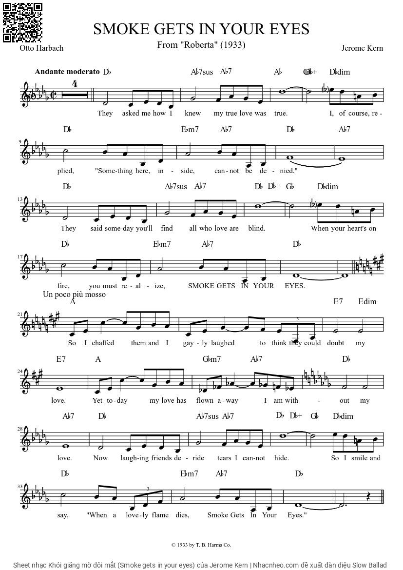 Trang 1 của Sheet nhạc PDF bài hát Khói giăng mờ đôi mắt (Smoke gets in your eyes) - Jerome Kern, Version 1: Khói thuốc làm lệ rơi  Khánh Hà.  1.  Ta  tuy chớm yêu lầm  lỗi