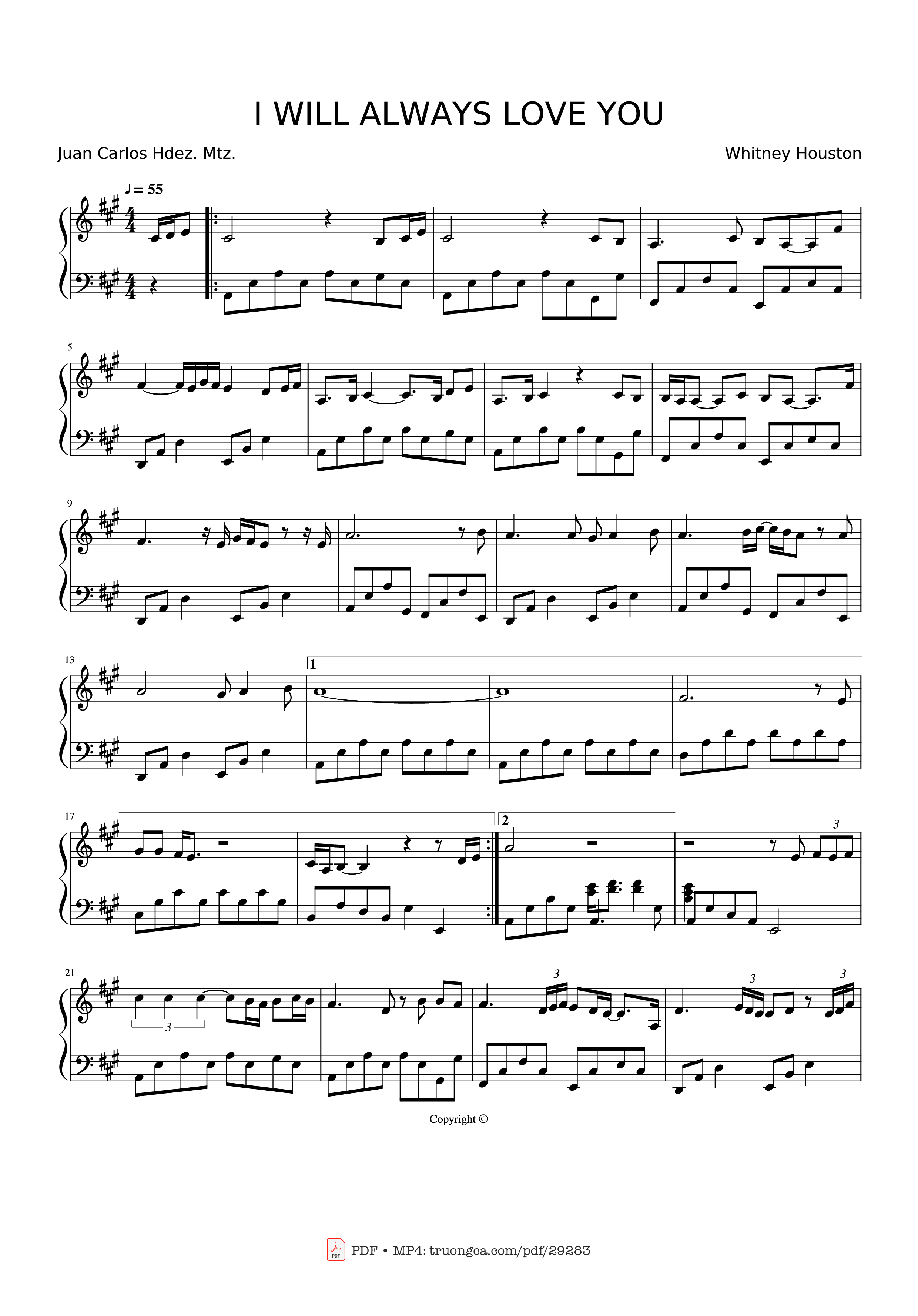 Trang 1 của Sheet nhạc PDF Piano bài hát I will always love you Piano - Whitney Houston