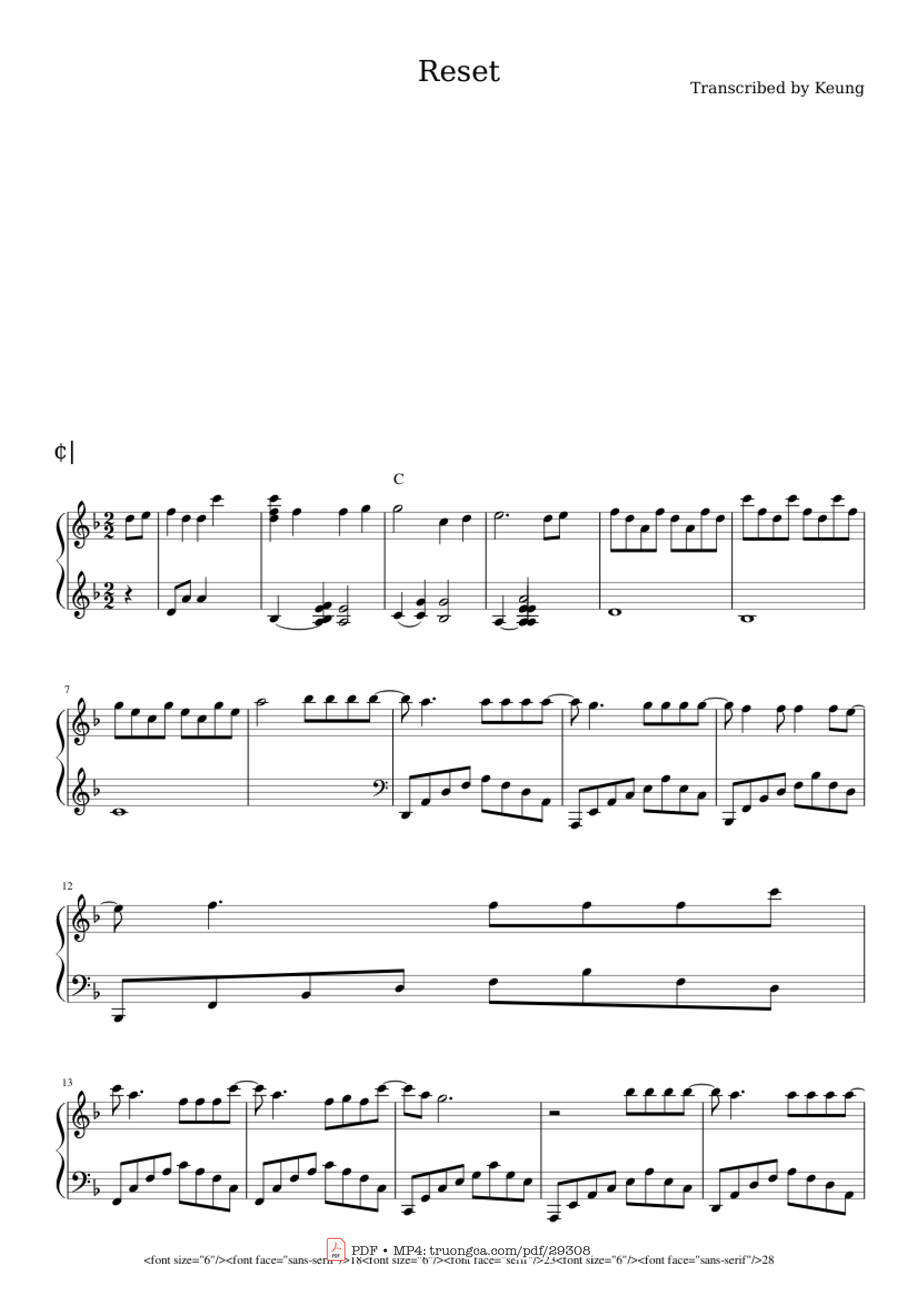 Trang 1 của Sheet nhạc PDF Piano bài hát Reset Piano - Transcribed by Keung