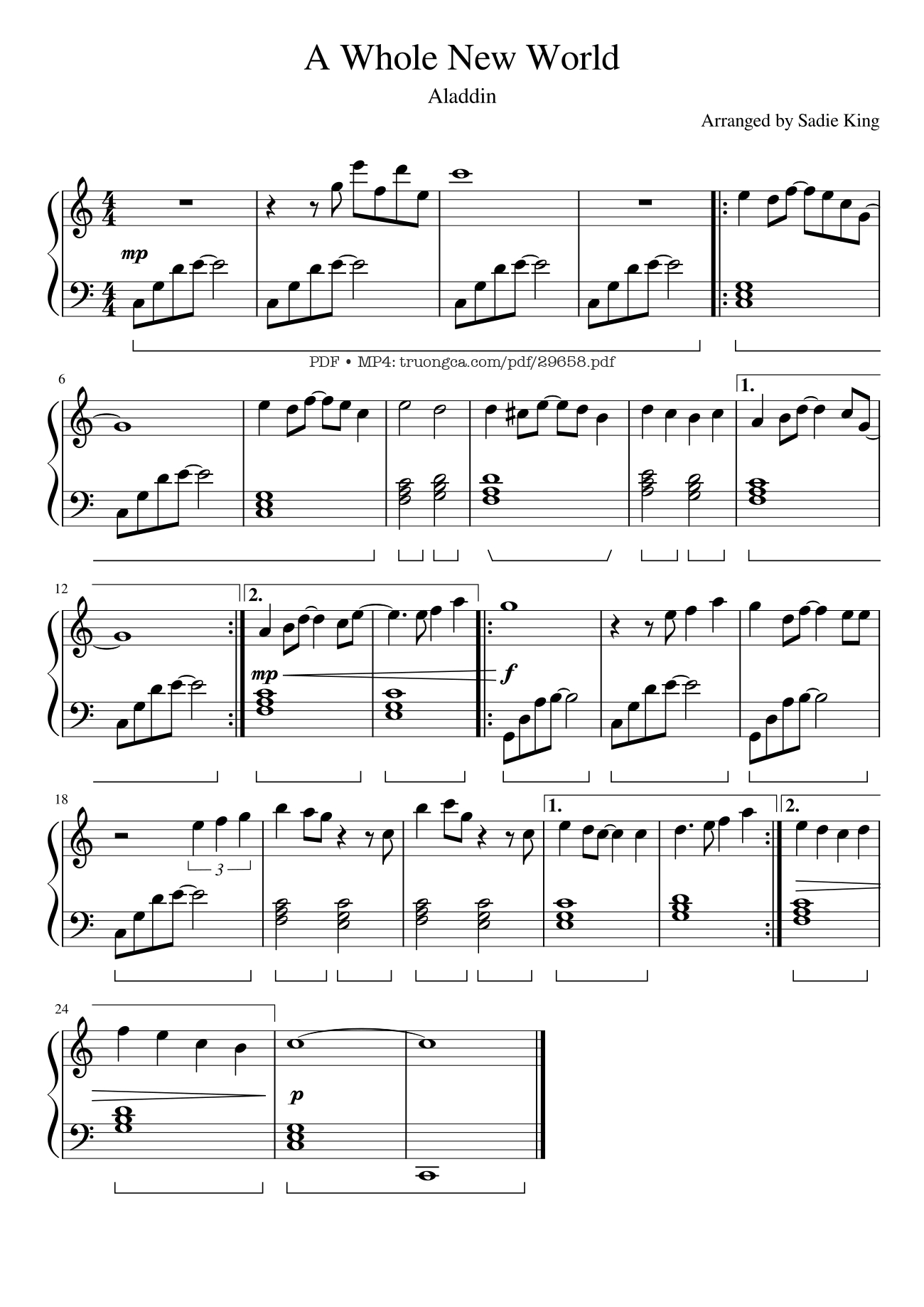 Trang 1 của Sheet nhạc PDF bài hát A Whole New World Piano EASY - SadieKing27