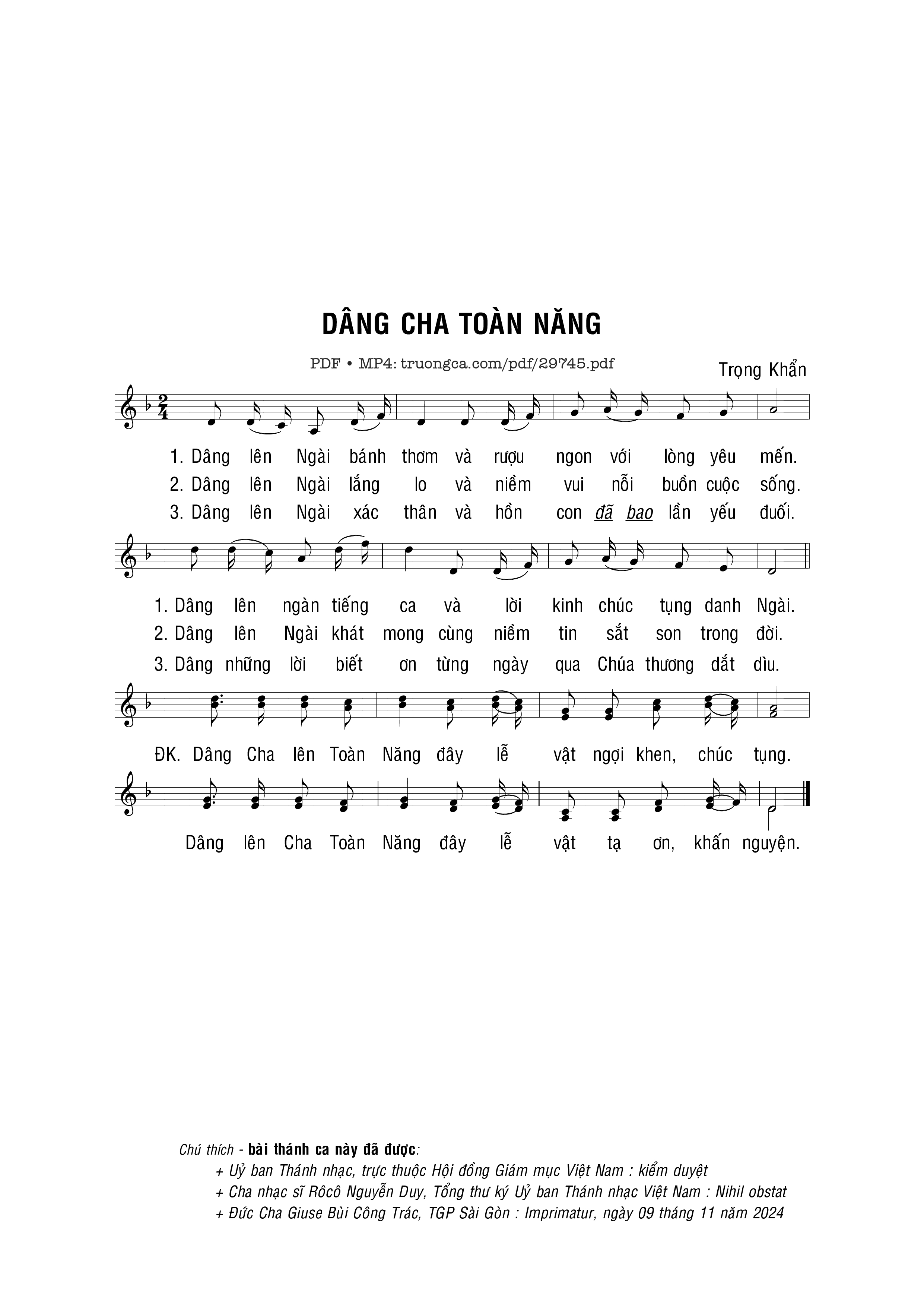 Sheet nhạc PDF bài Dâng Cha toàn năng