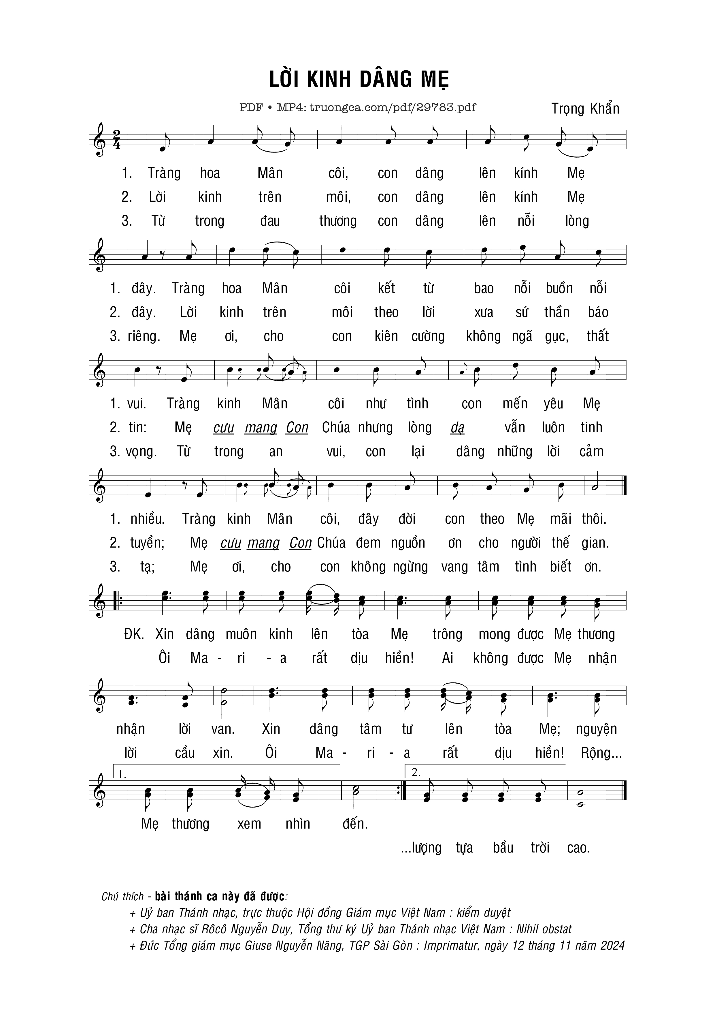 Trang 1 của Sheet nhạc PDF bài hát Lời kinh dâng Mẹ - Trọng Khẩn