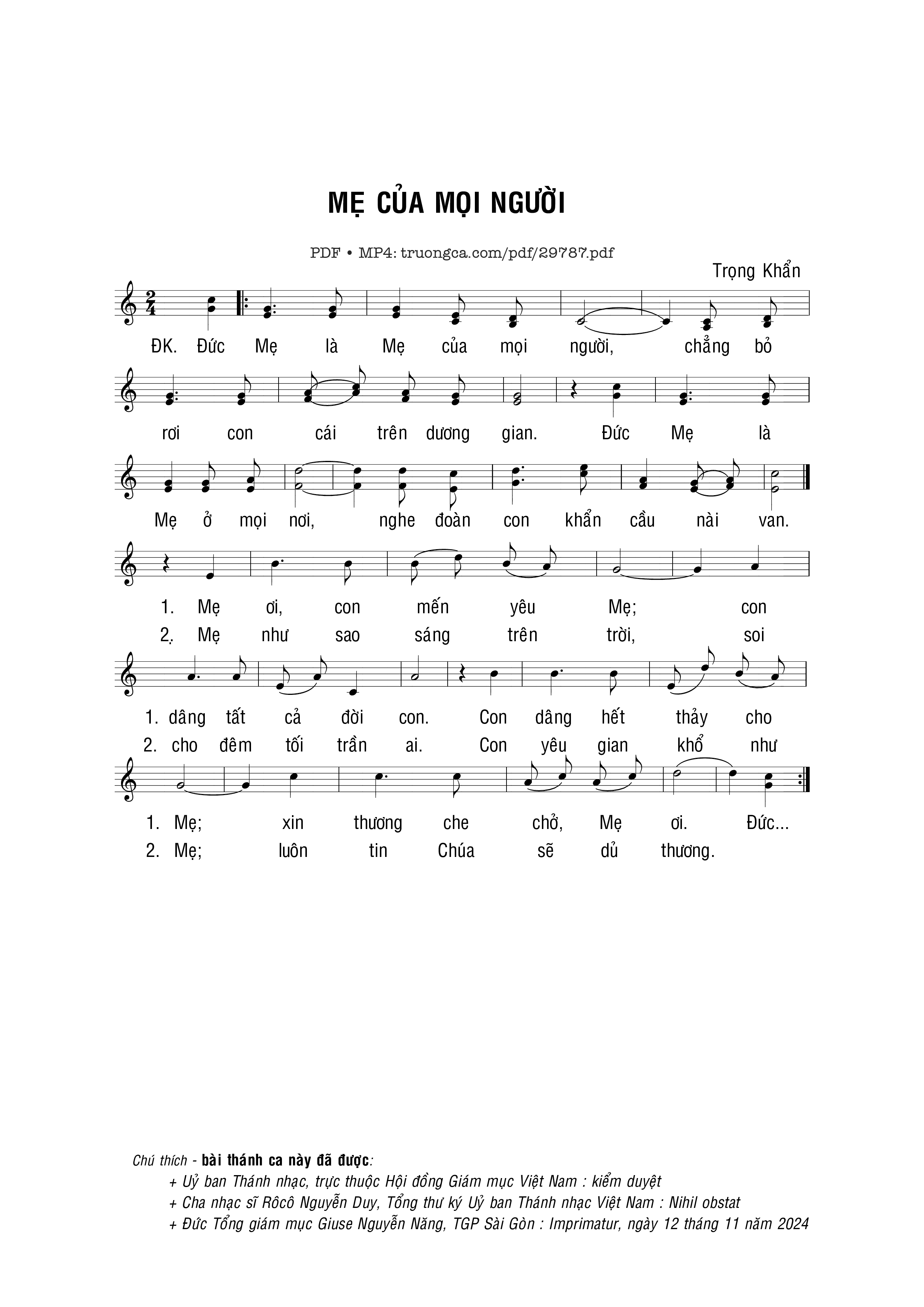 Trang 1 của Sheet nhạc PDF bài hát Mẹ của mọi người - Trọng Khẩn