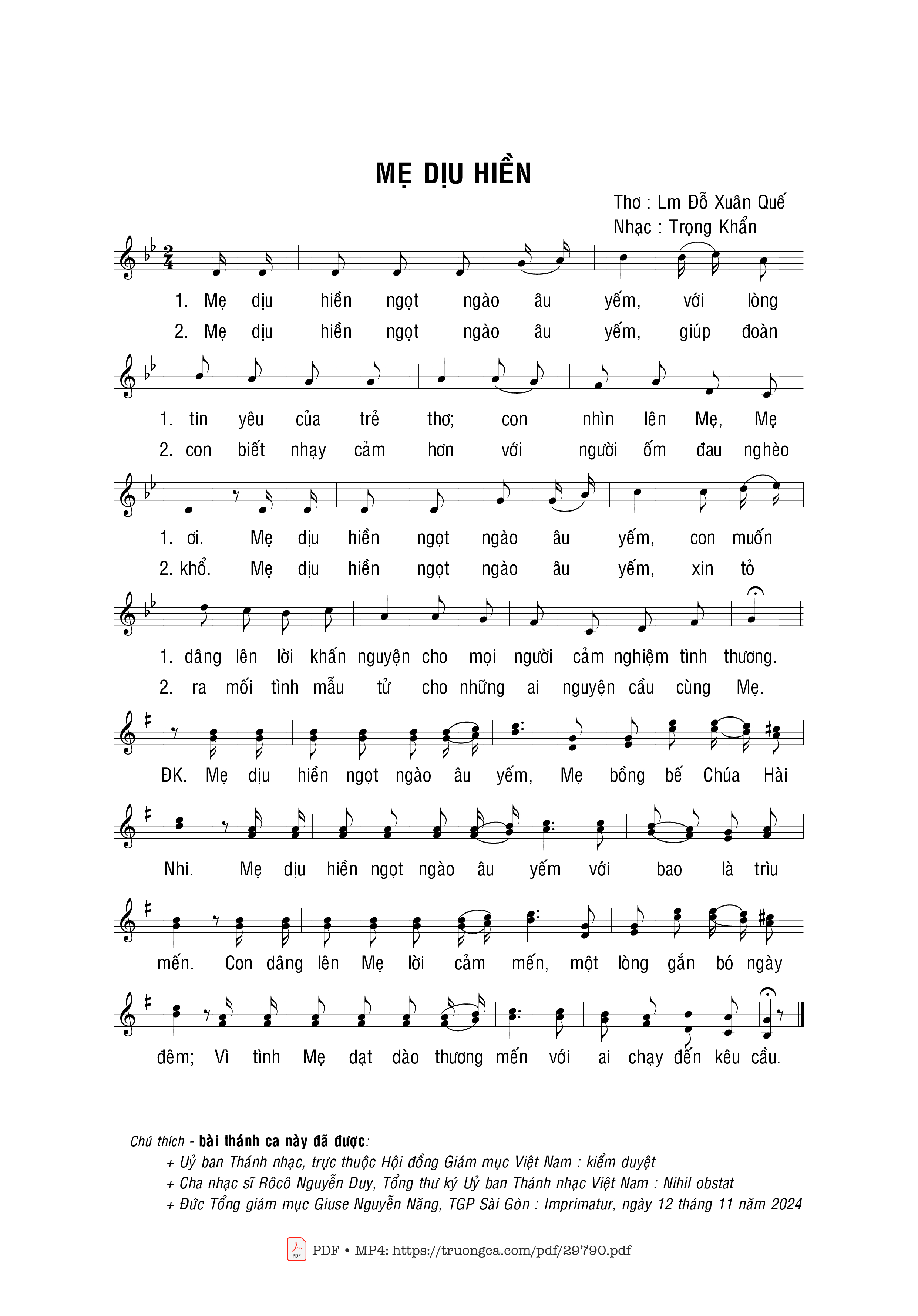 Sheet nhạc PDF bài Mẹ dịu hiền